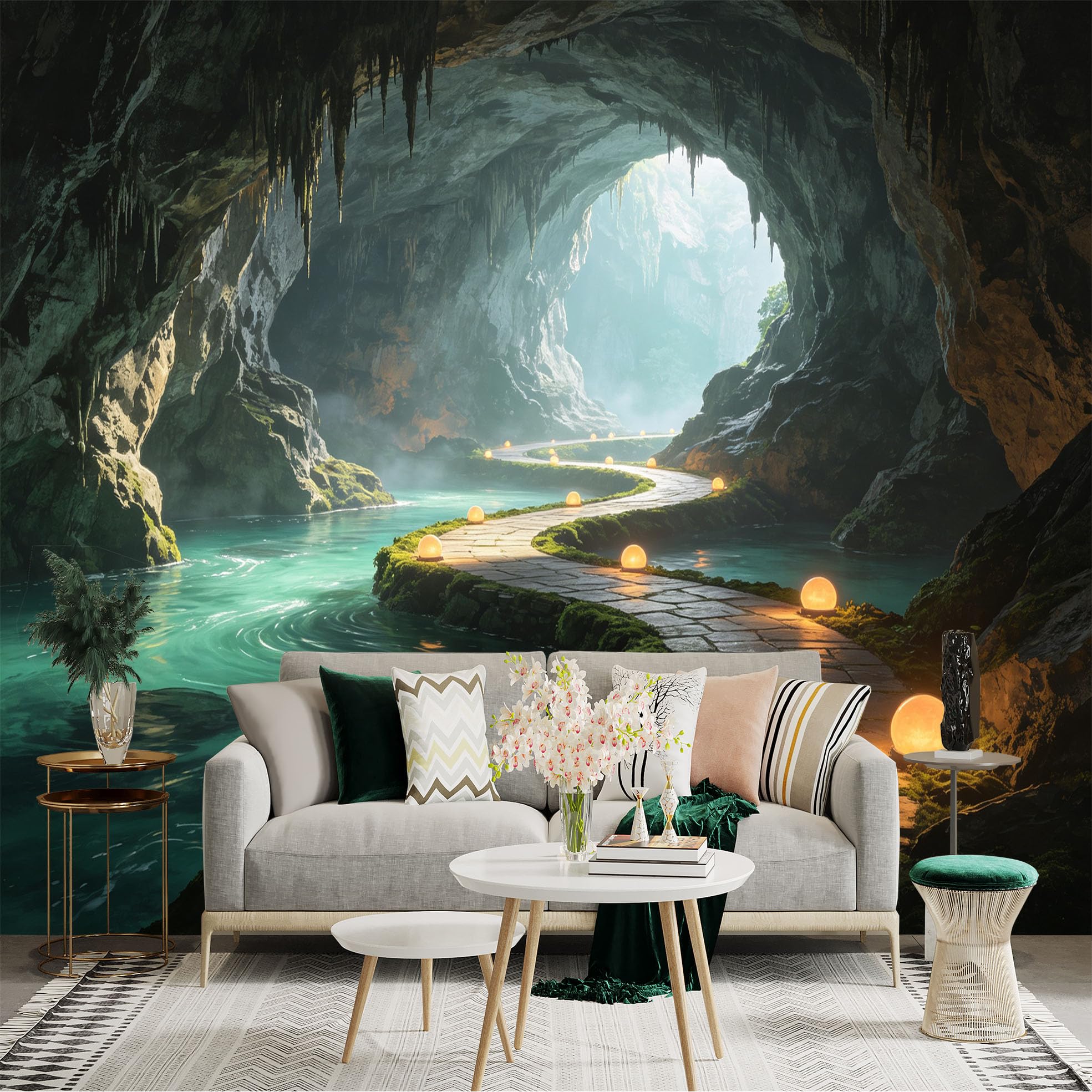 Custom Size Wall Sticker Mural， Mysterious Limestone Cave， Glowing Stone Path， Underground River， Serene Nature Landscape， for wall Decoration， peelandstick wall Decals.