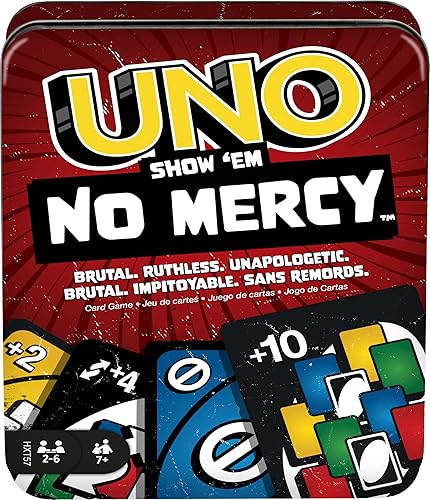 Mattel Games UNO Show 'em No Mercy - Juego de cartas en lata de almacenamiento y viaje para niños, adultos y noche familiar con tarjetas