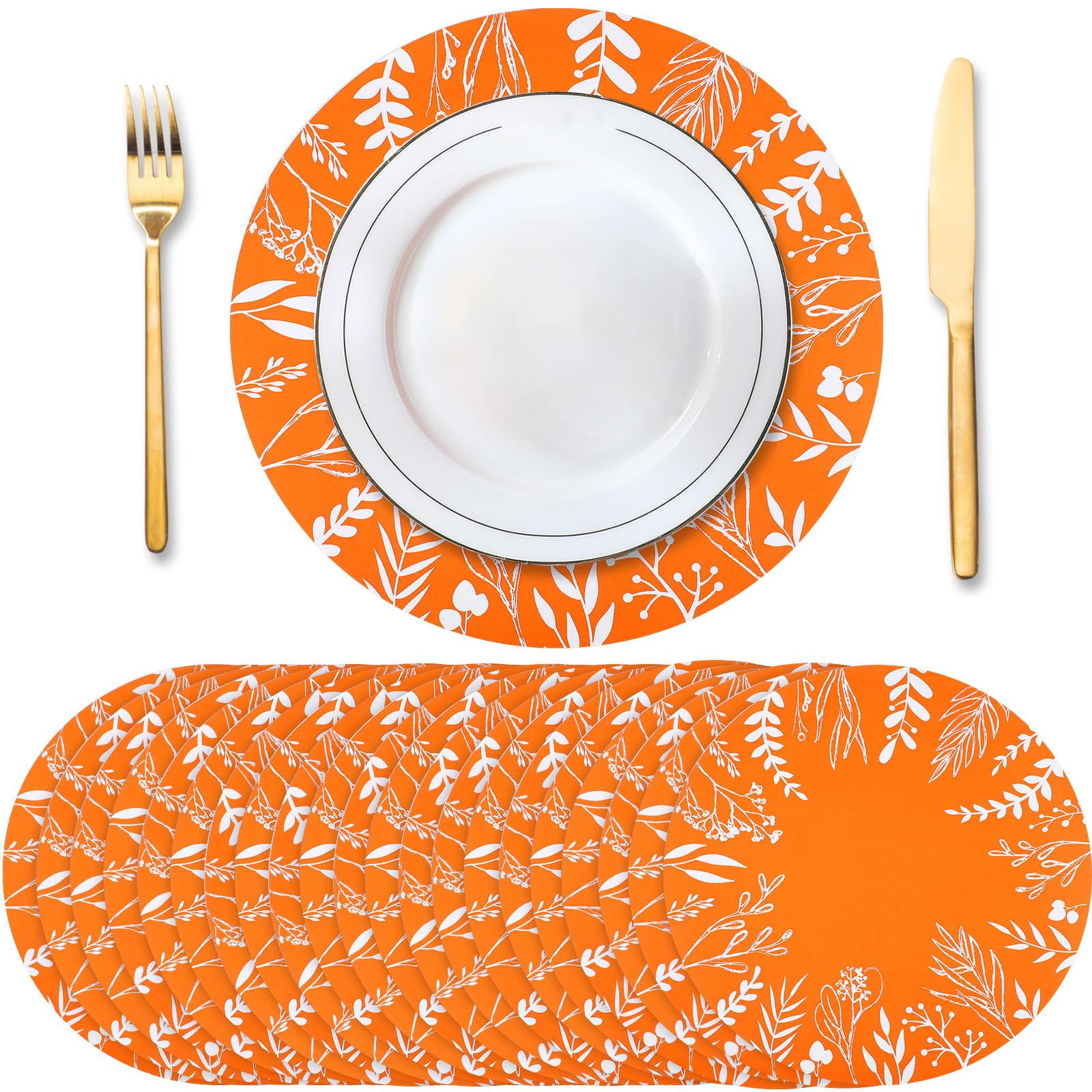 Tinlade 100 manteles individuales redondos de hojas de eucalipto naranja de 14 pulgadas, manteles individuales redondos desechables de papel para decoración de comedor