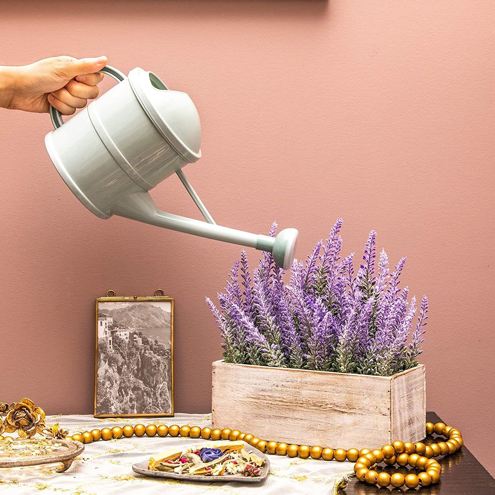 Maplefield Small Mint Green Plastic Watering Can with Long Spout Sprinkler Head for Garden, Indoor and Outdoor Plants, Flowers (0.4 Gallon)