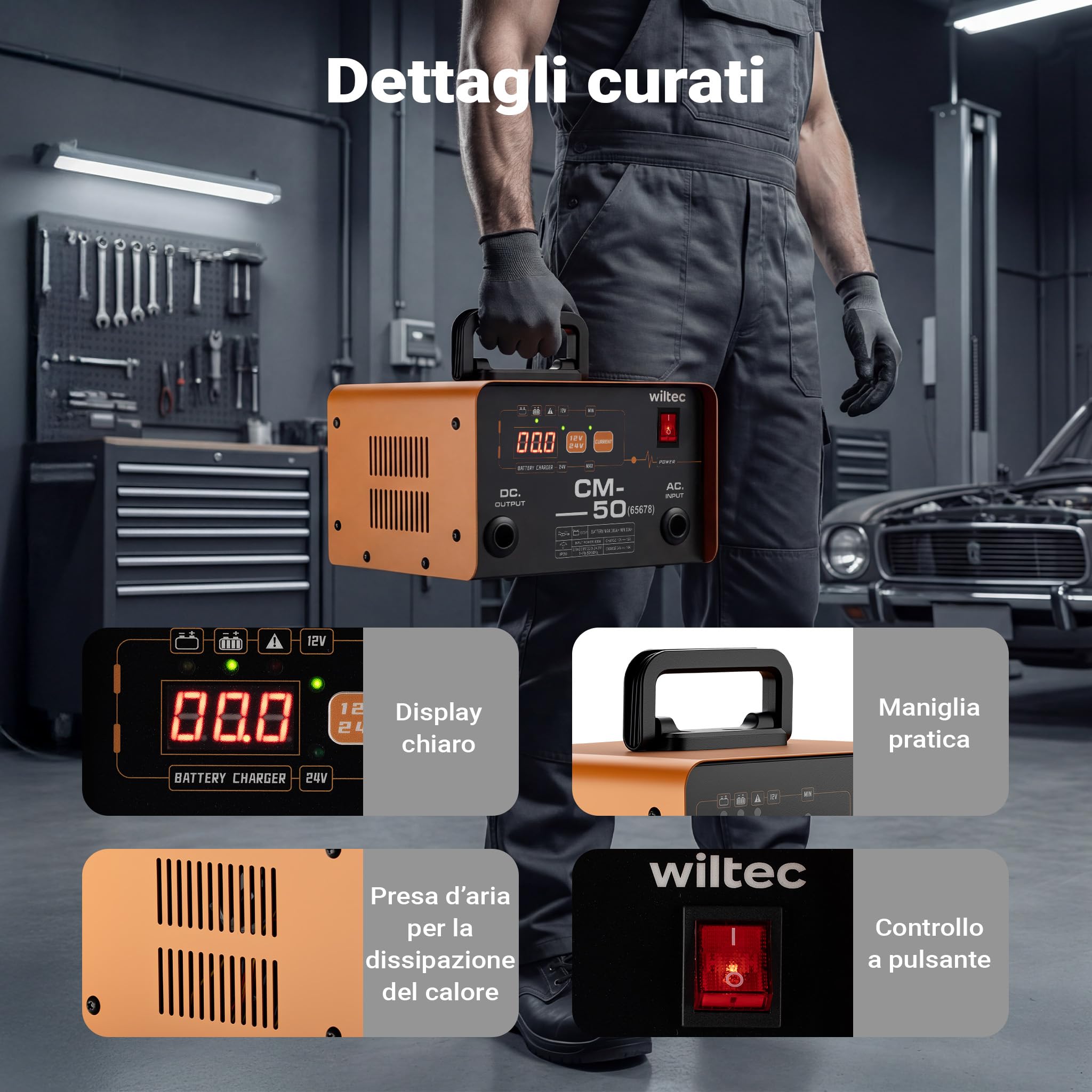 Wiltec Caricabatterie 12-24 V, 16 Ah, 30-300 Ah per batterie auto e moto, avviamento di emergenza 490 W, carica batteria intelligente con display LCD e maniglia per il trasporto
