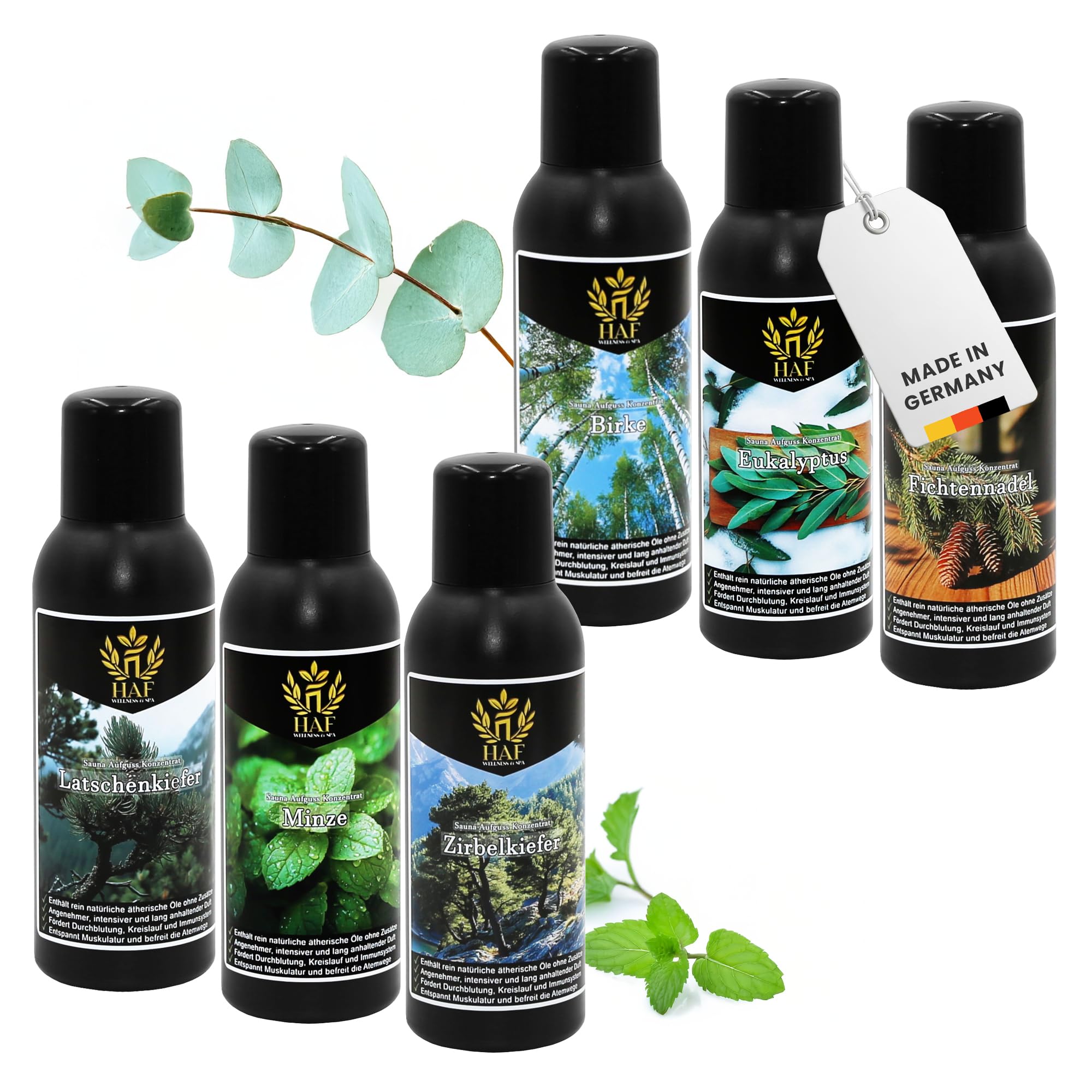 HAF Set di infusioni per sauna "Waldfrische" – 6 x 250 ml per sauna betulla, eucalipto, ago di abete rosso, pino, menta, pino, profumo per sauna con oli essenziali naturali e senza additivi