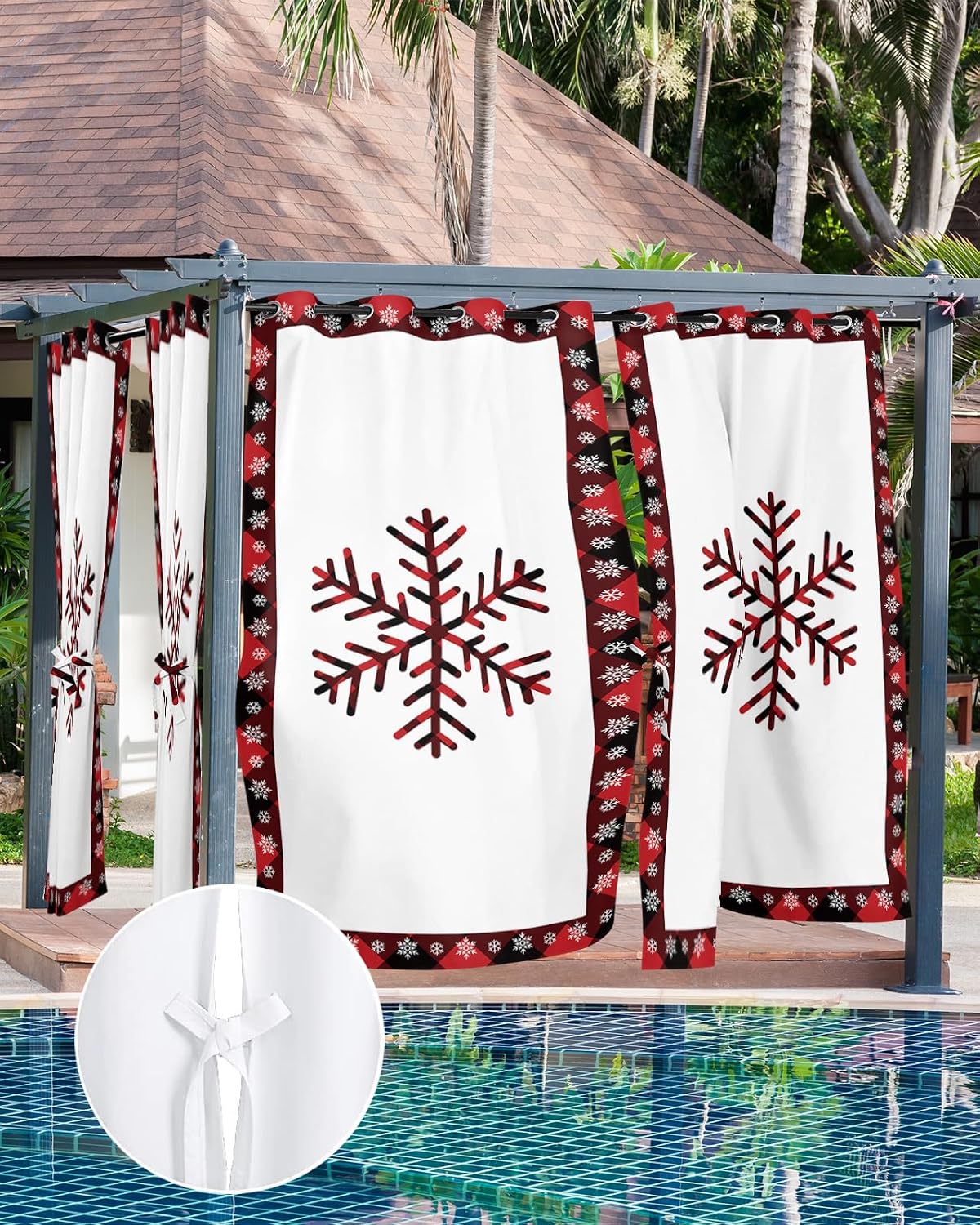 Indoor Outdoor Curtains for Patio Christmas Snowflake Red and Black Buffalo Plaid Outside Curtains Waterproof Grommet Privacy Drapes Light Filter Curtain for Porch Pergola Gazebo 52"Wx95"L 2 Panels
