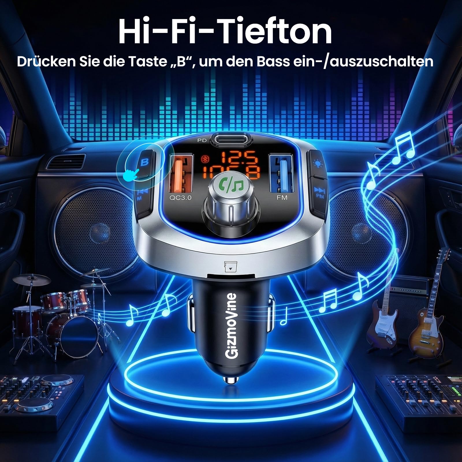 GizmoVine FM Transmitter Auto Bluetooth 5.4 mit 81W（PD 45W & QC3.0 36W） Fast Charge, Bluetooth Adapter Auto Zigarettenanzünder Freisprechen, Siri/Google Assistant, Hi-Fi Bass & LED-Licht - 3