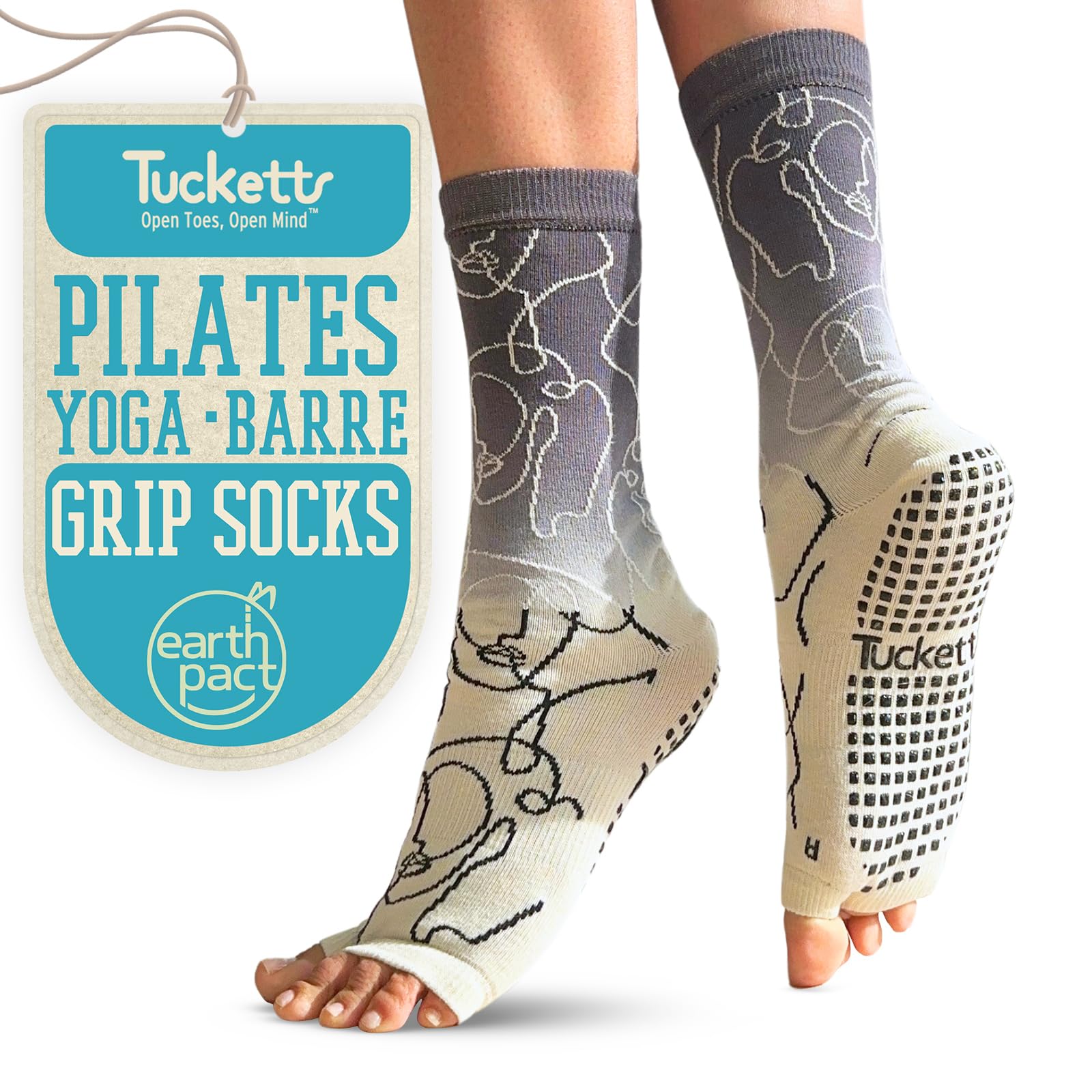 Tucketts Crew Yoga Socks with Grips for Women, Anti-Skid Toeless Pilates Grip Socks for Barre, Pedicure, Leisure, 1 Pair, Ellas Dip Dye, Small-Medium