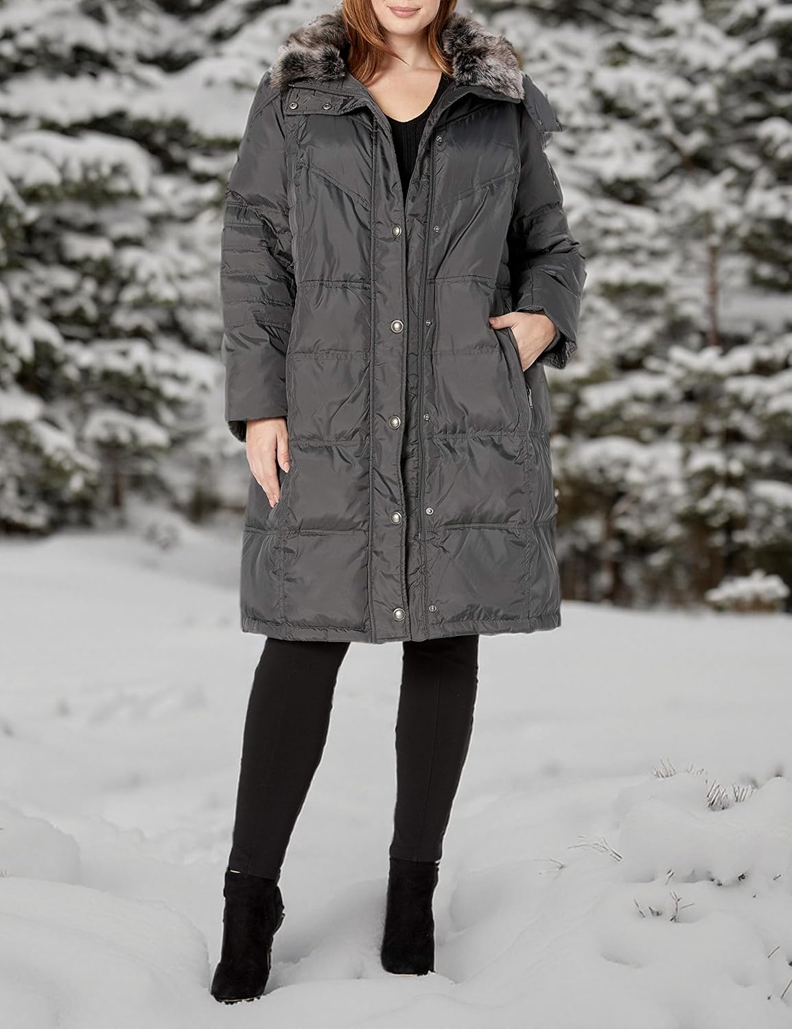 LONDON FOG womens Plus-size Mid-length Faux-fur Collar Down Coat With Hood - Image 7