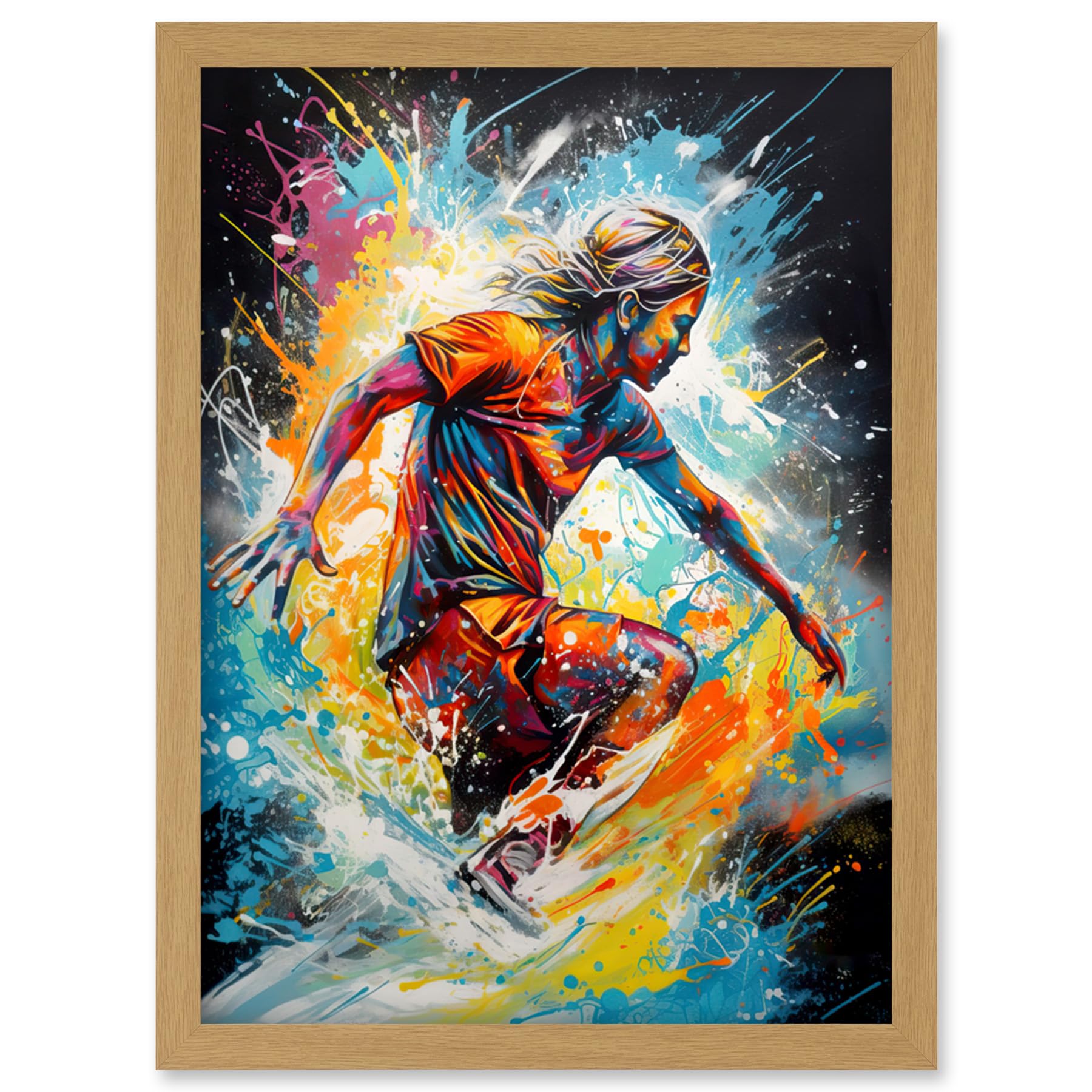 Artery8 Surfer Surfing on Splatter Paint Crashing Waves Artwork Framed Wall Art Print A4