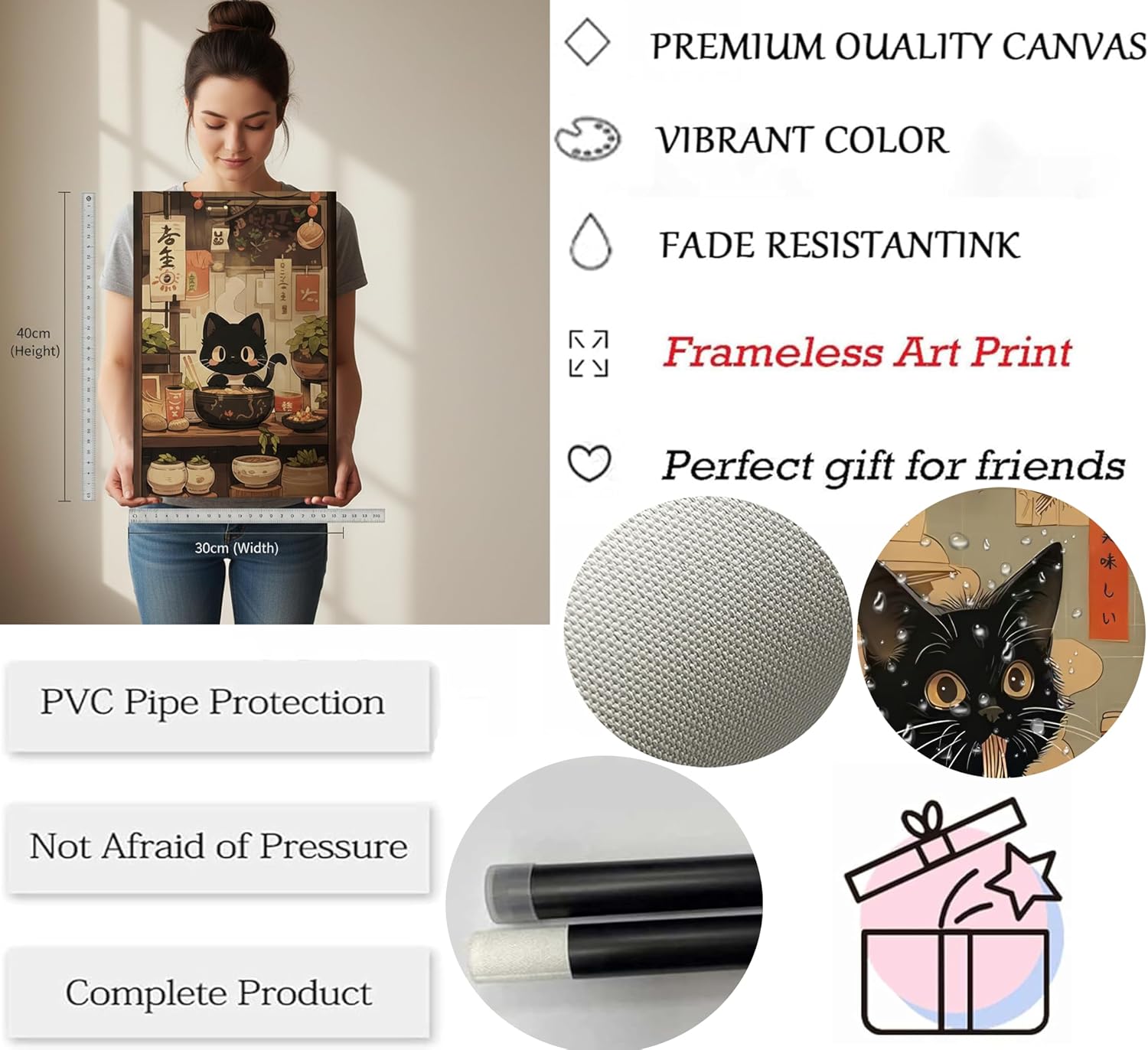 3Pcs Japanese Ramen Cat Wall Art Funny Cat Eating Ramen Posters Prints Vintage Japan Kitchen Pictures Cute Black Cat Wall Decor for Dining Living Room Animal Lover Gifts 12x16in Unframed