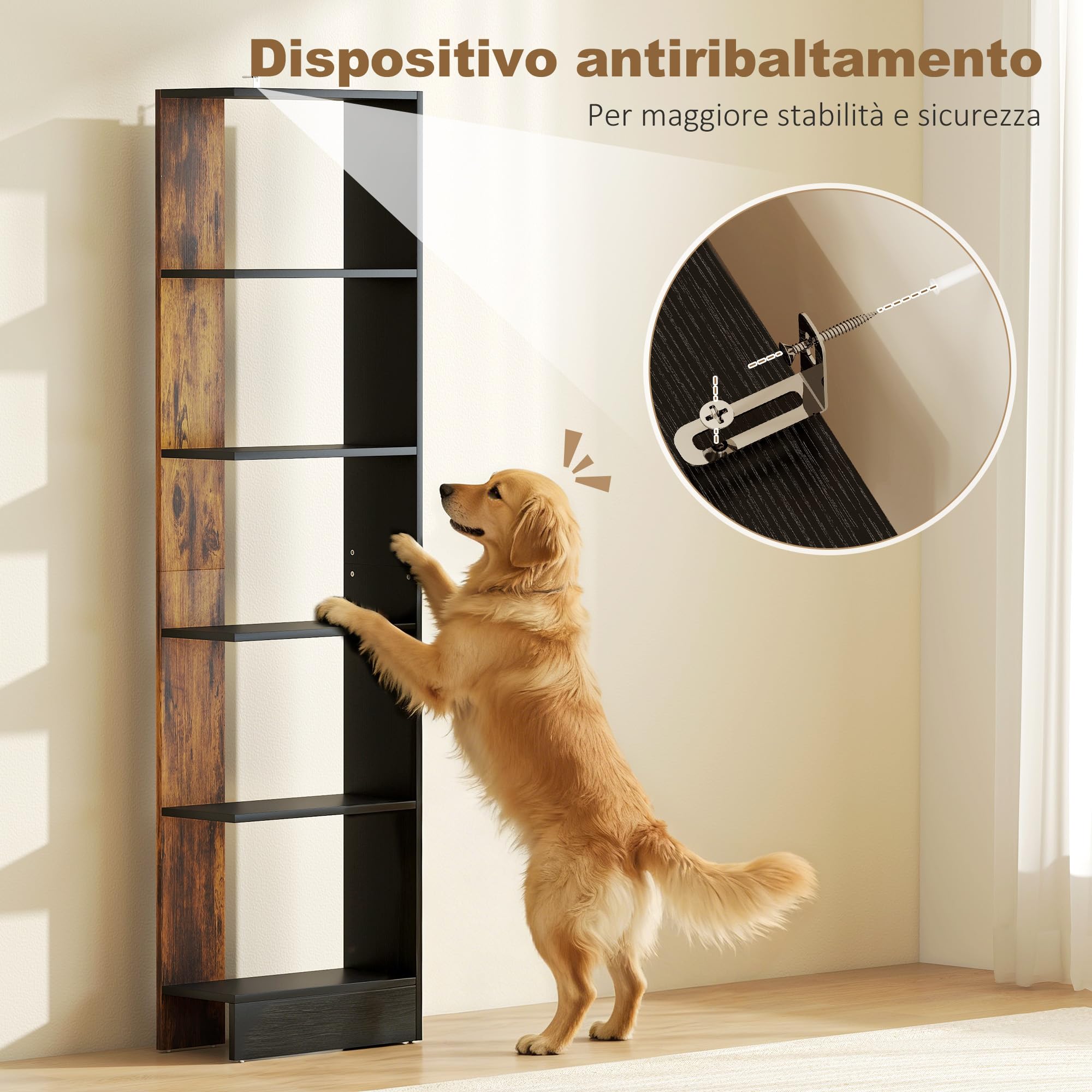 HOMCOM Mobiletto Scaffale Stretto a 5 Ripiani, Scaffale Portaoggetti Salvaspazio Moderno in Legno, Libreria per Bagno, Soggiorno, Camera da Letto, Studio e Ufficio, 45x21x170 cm, Marrone Rustico