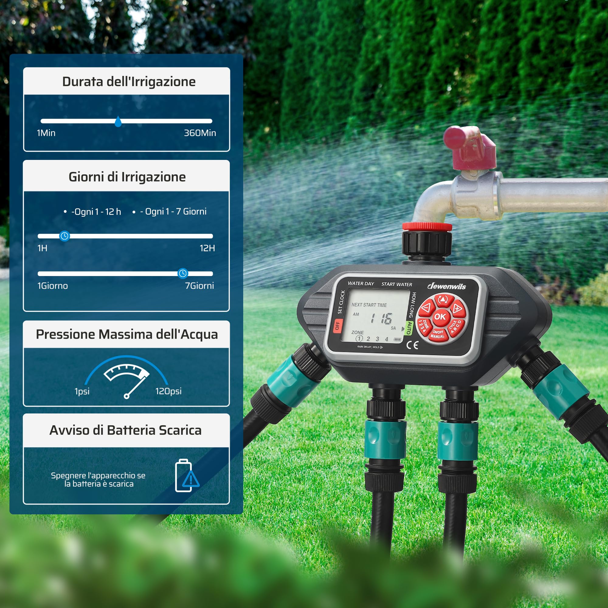 DEWENWILS Centralina irrigazione 4 vie, 4 Opzioni di Programmazione per vie, Timer Irrigazione Automatica, Ritardo della Pioggia/Modalità Manuale, Orologio da Giardino per Prati, Giardini