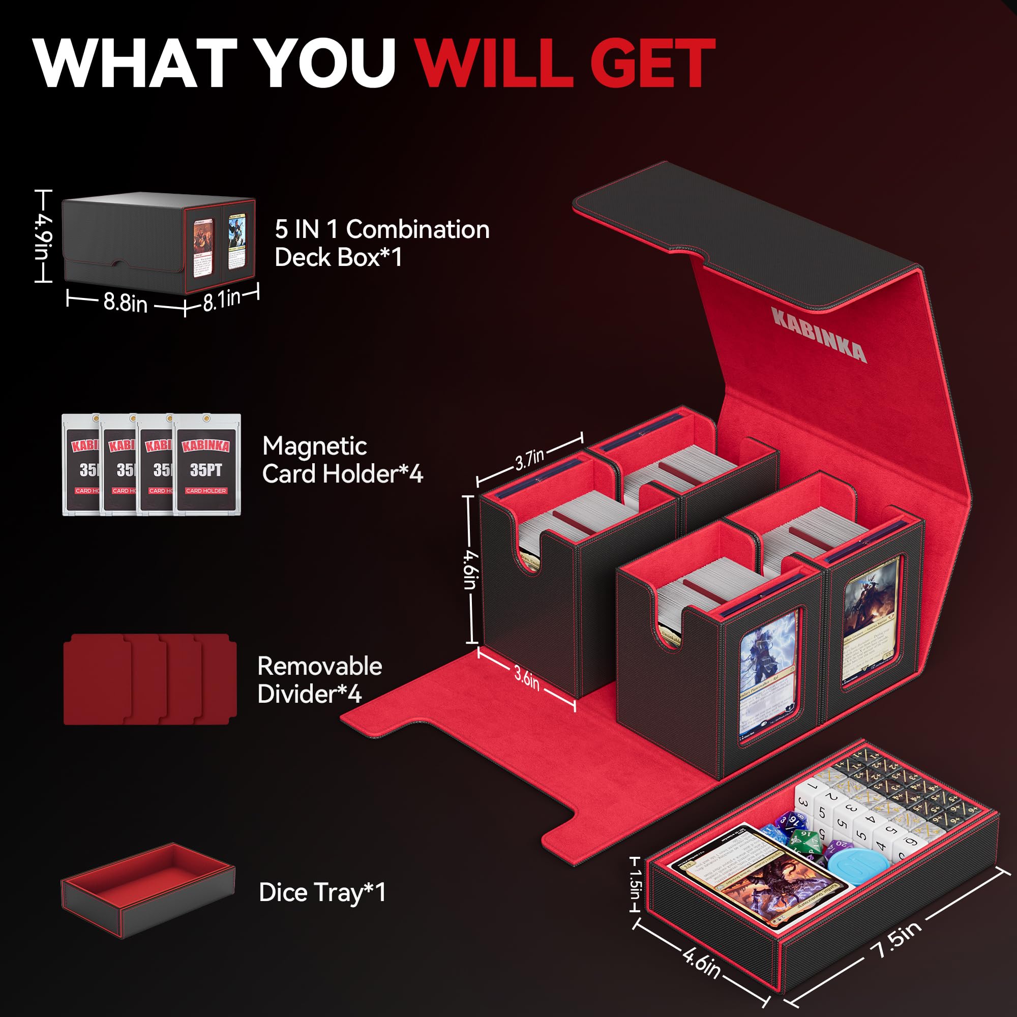 Scatola porta mazzi per MTG con display Commander, scatola per carte 5 in 1 adatta a oltre 400 carte con doppio sleeve, custodia rimovibile per TCG/carte sportive con vassoio per dadi, 4 porta carte
