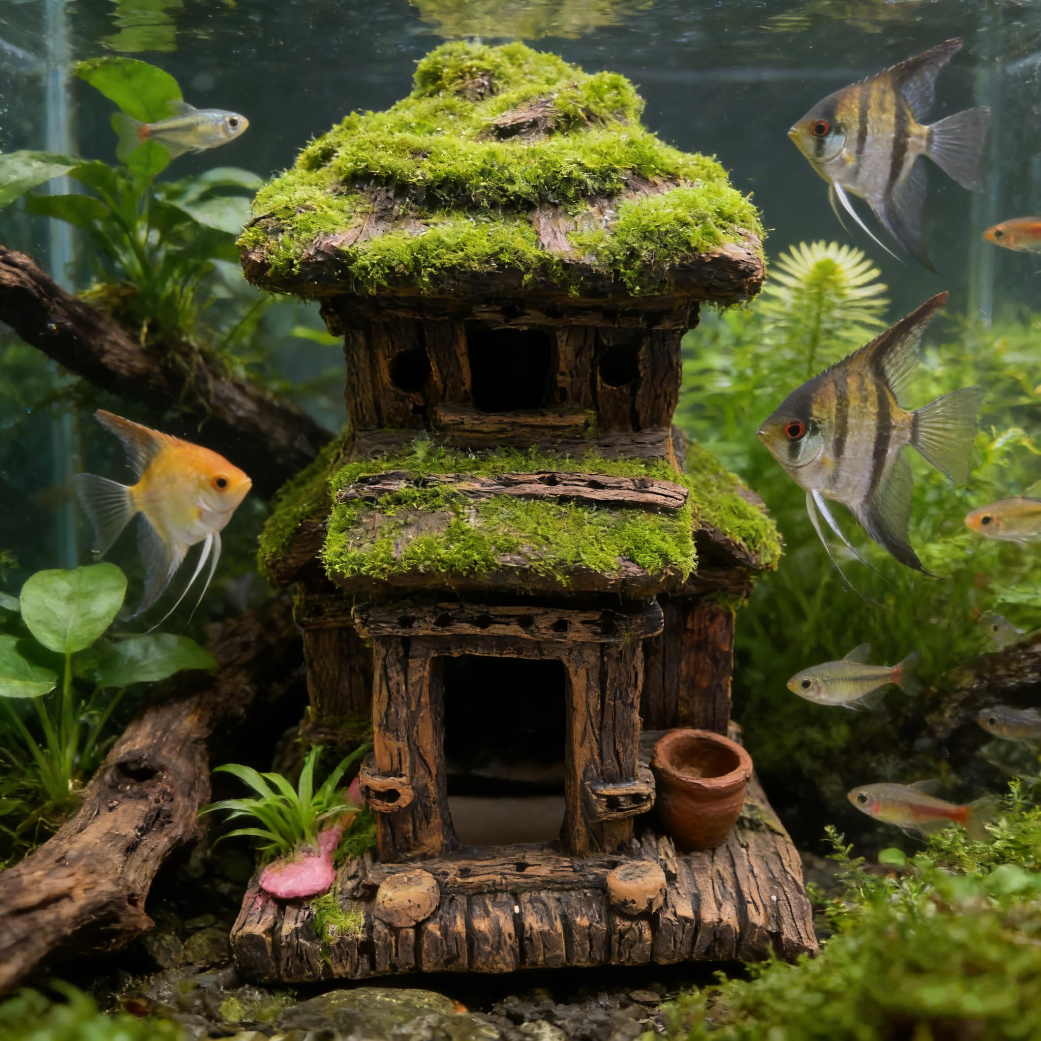 M2cbridge Decorazione per acquario, casetta per pesci Betta con muschio verde realistico (stile 3)