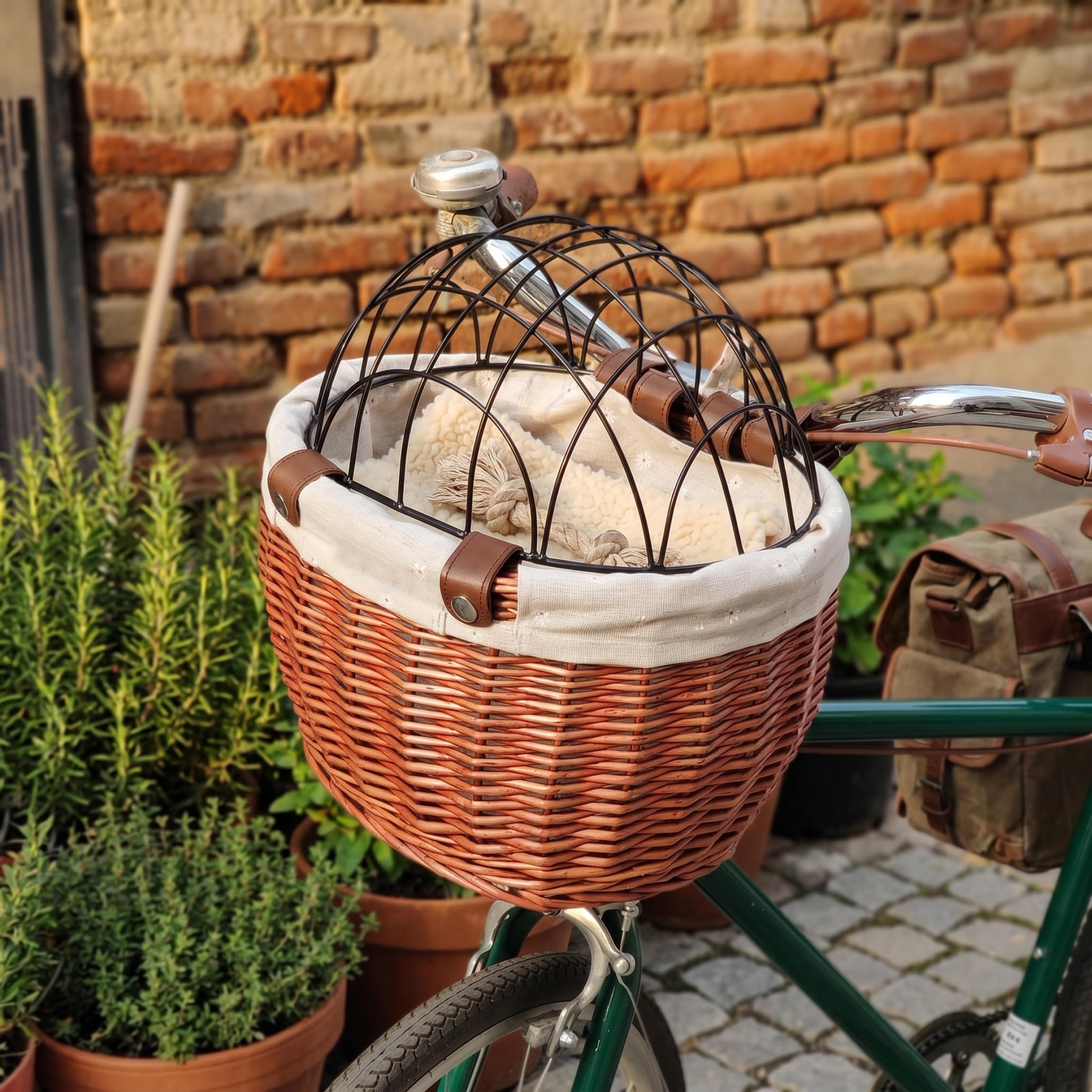 Cestino da bici per cani - Trasportino per animali in vimini intrecciato a mano con coperchio in ferro e cinghie di sicurezza pelle, marrone vintage