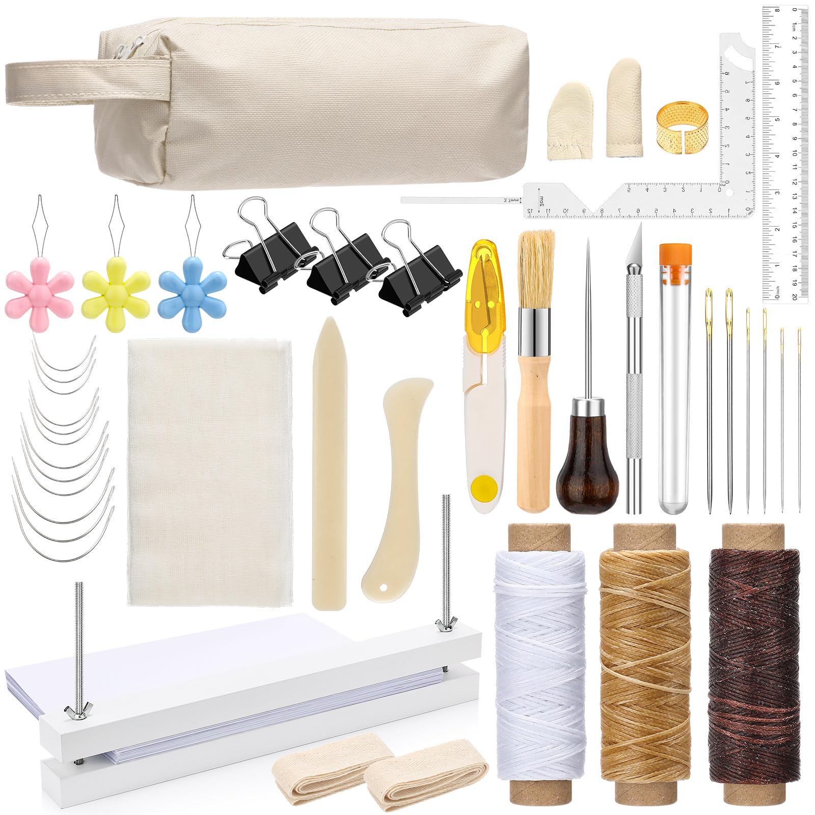 Weekgrat 44 Pcs Book Binding Kits 15 x 1.5 Inch Wooden Book Press Bookbinding Supplies Hand Bookbinding Starter Tools Set with Paper Awl Binding Ribbon Glue Brush and Steel Ruler for DIY Bookbinding