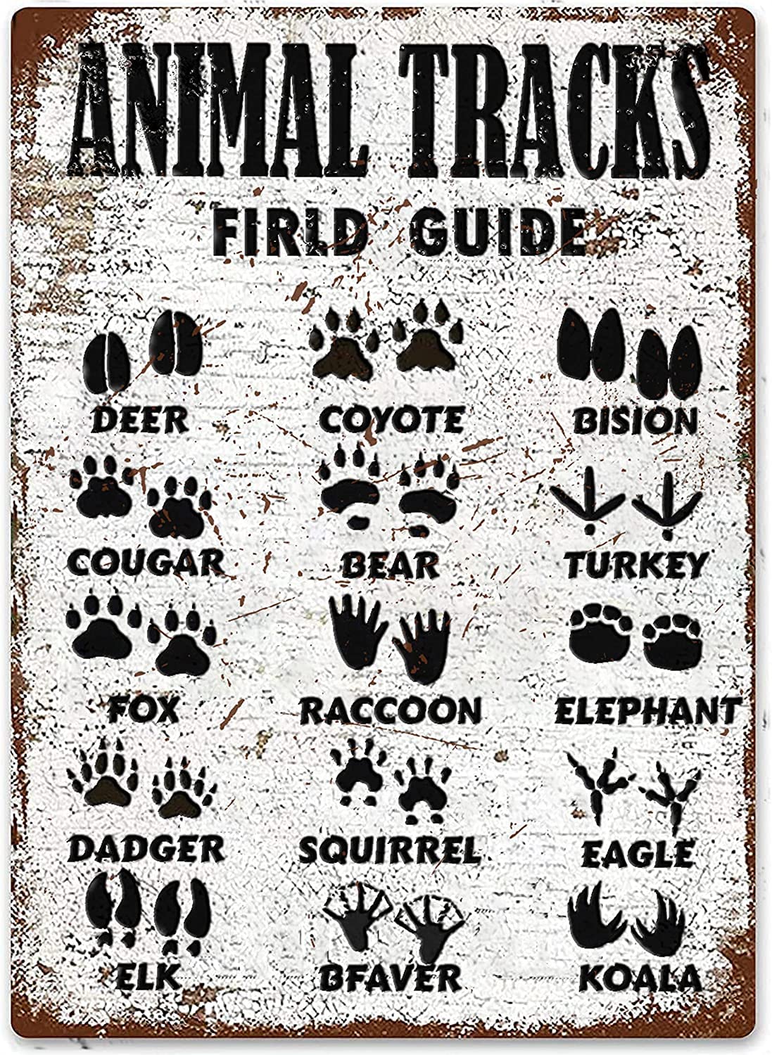 Animal Trail Sign Woodland Nursery Decoration Field Guide Antique Tin Sign 5.5x8inch Wildlife Finder Boy Country Cottage Garden Forest Farmhouse Decoration