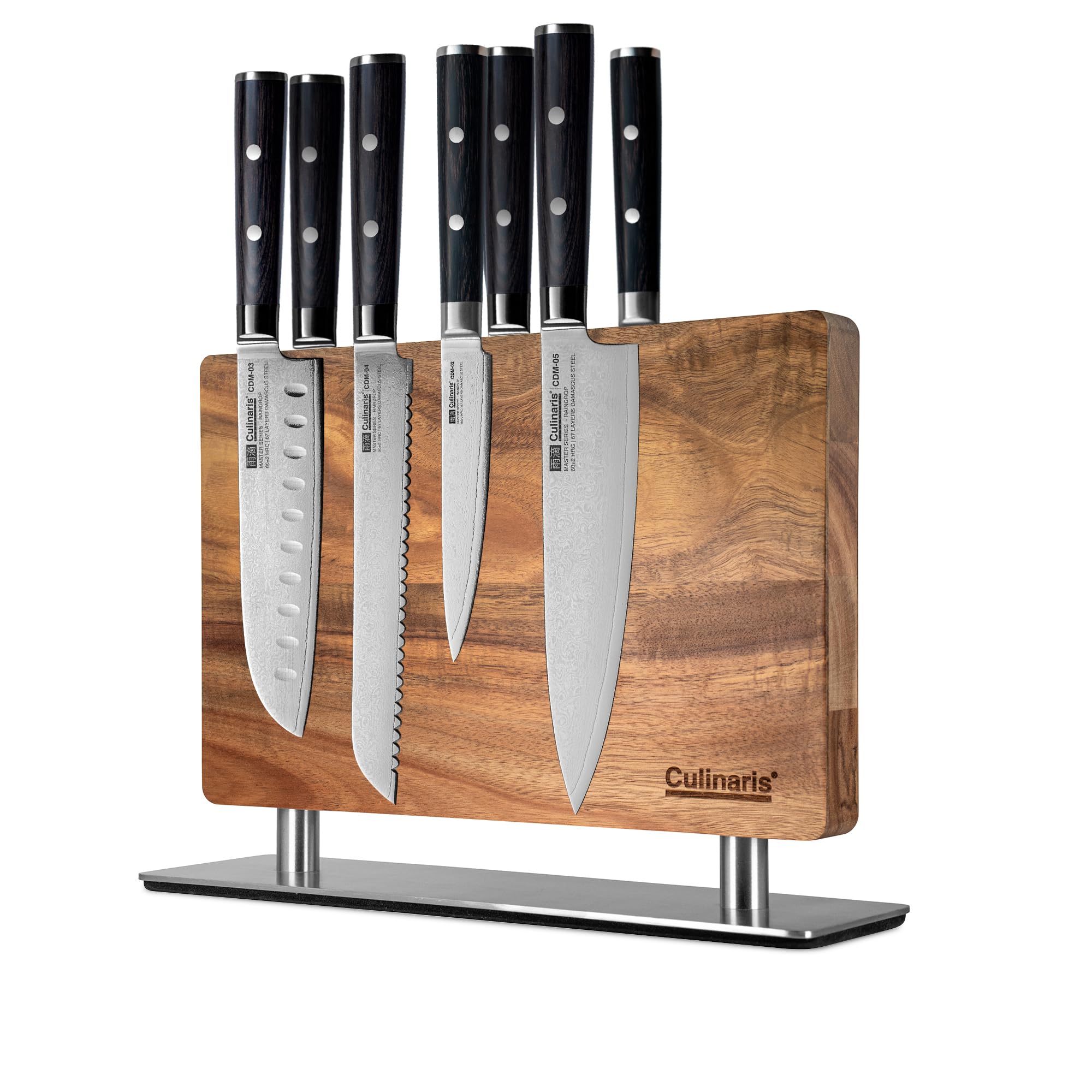 Magnetisch-Messerblock mit Edelstahlfuss | beidseitig magnetisch | für bis zu sechs Messer pro Seite| Klingenlänge bis 21 cm | elegantem Akazienholz | (ohne Messer geliefert) | Culinaris