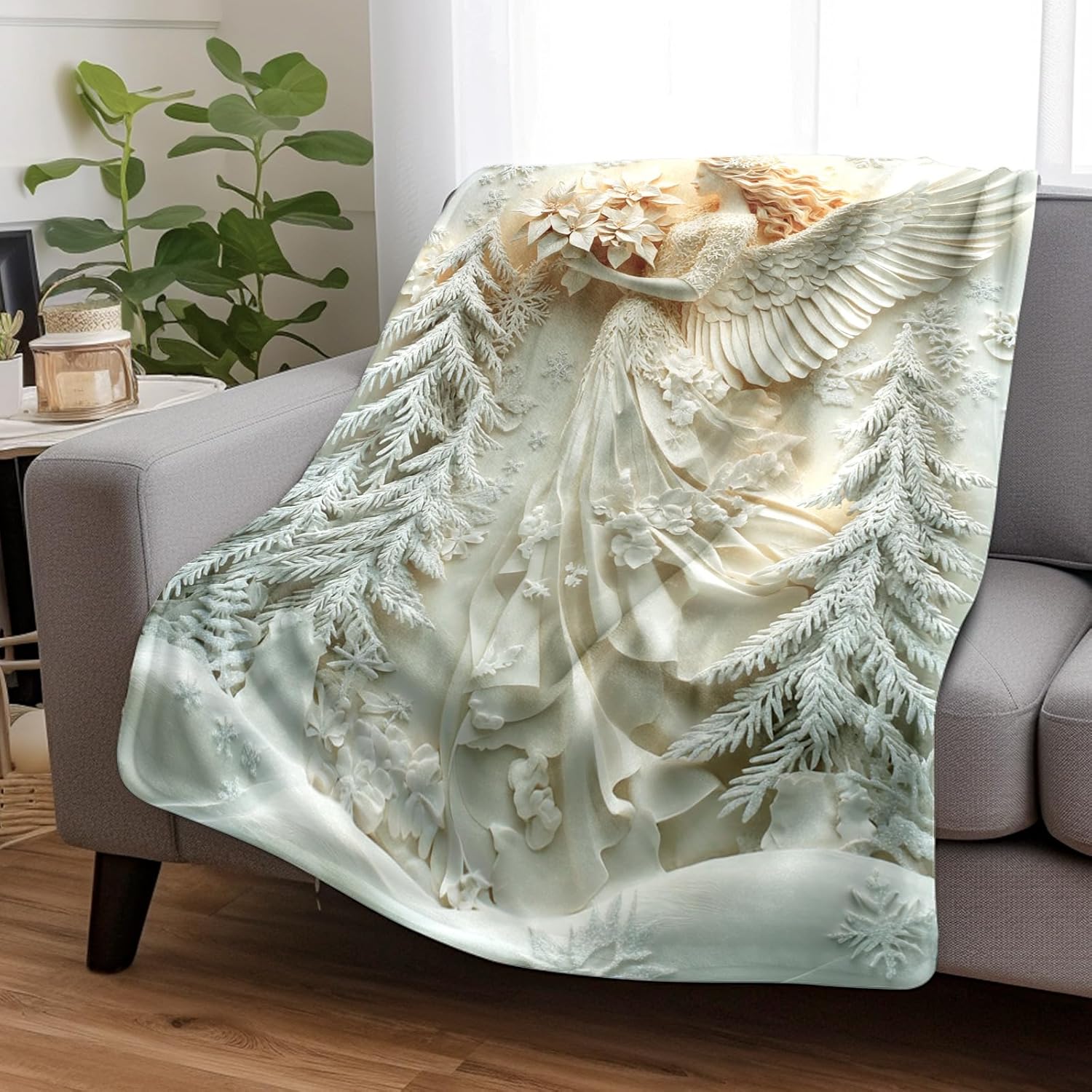 Winter Floral Angel Throw Blanket, Soft Blue Holiday Decor Cozy Blanket for Sofa, Bed, All Season, Elegant Christmas Design, Perfect Choice 40x50 Inch