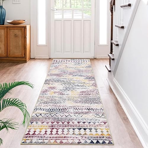 Zacoo Alfombra lavable de 2 x 7 pies, alfombra moderna marroquí de pelo bajo, alfombra de entrada bohemia pequeña alfombra de cocina, alfombra