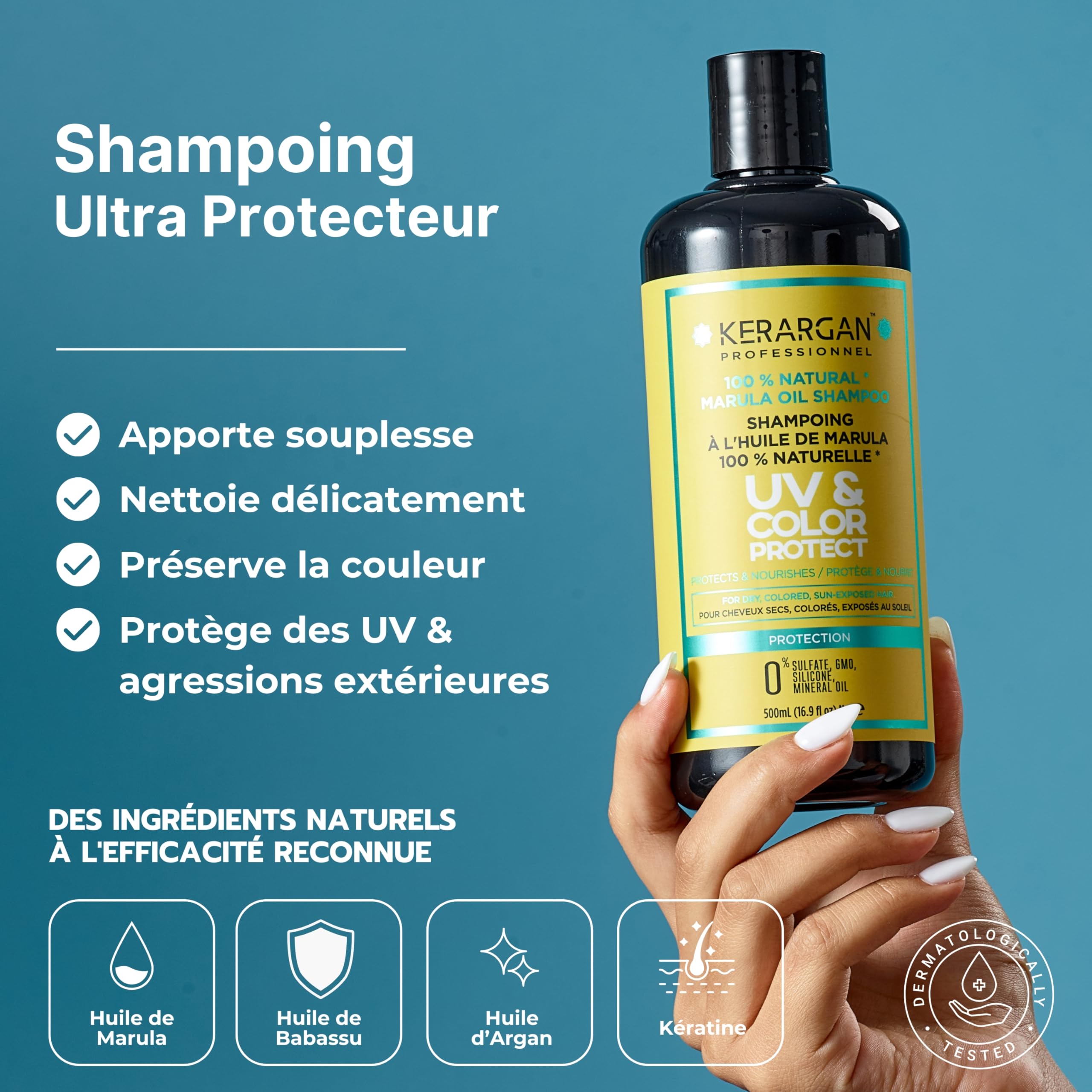 KERARGAN - Routine Marula 5 Soins Protection UV Couleur - 3x500ml+2x100ml | Shampoing, après-shampoing, masque, sérum et spray 17-en-1, routine complète de protection UV et couleur
