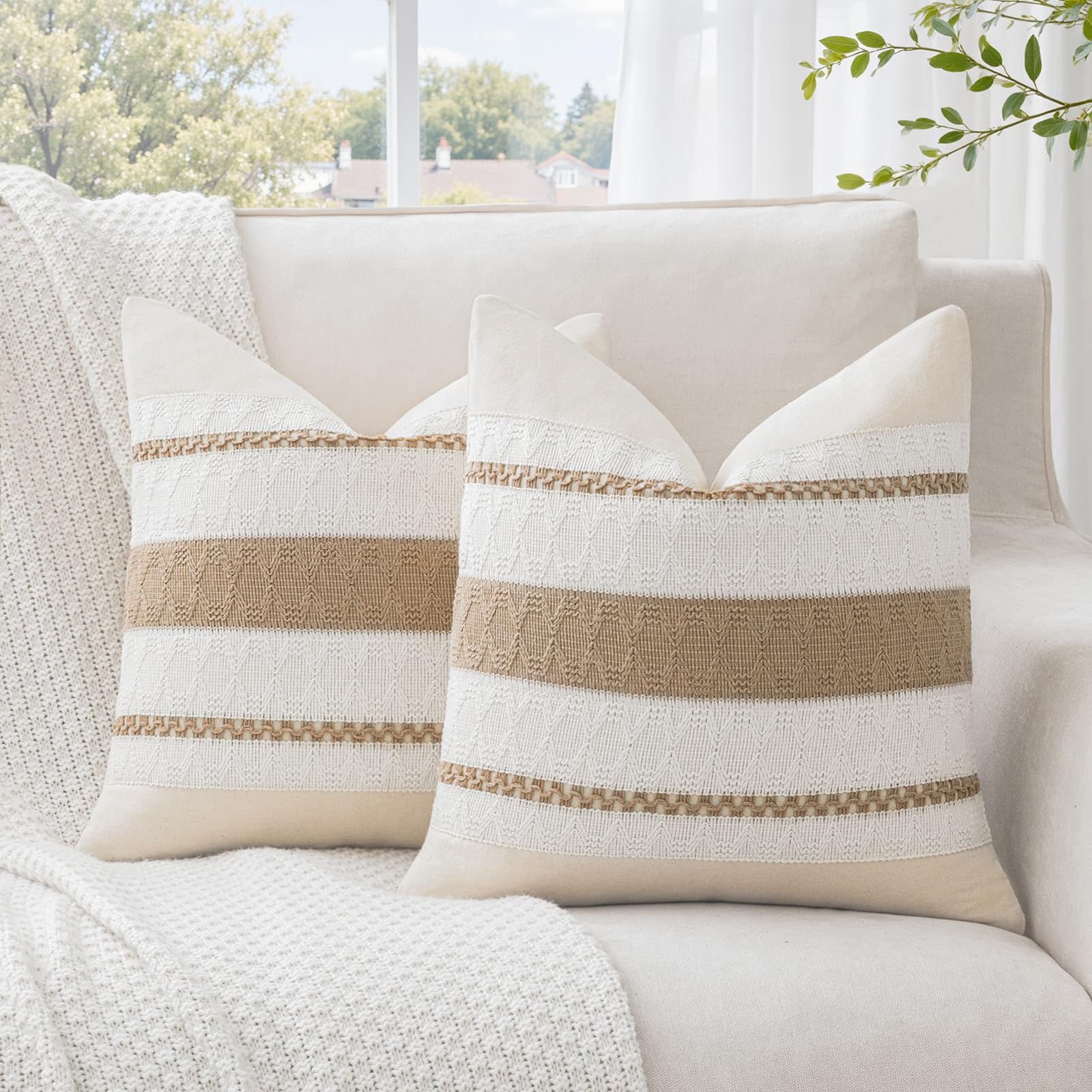 Alsoo Neutral Throw Pillow Covers 18x18 Inch Set of 2, Light Brown Boho Farmhouse Square Decorative Accent Cushion Case for Couch Living Room, Modern