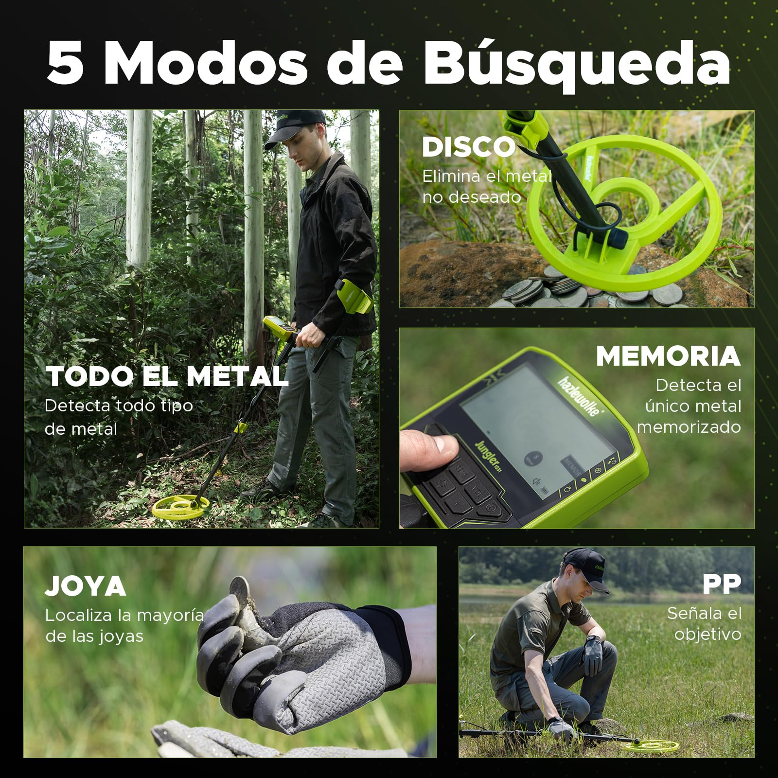 Hazlewolke Detector de Metales Profesional, 5 Modos Profesionales con Mayor precisión 25CM Bobina Impermeable para la búsqueda de Oro