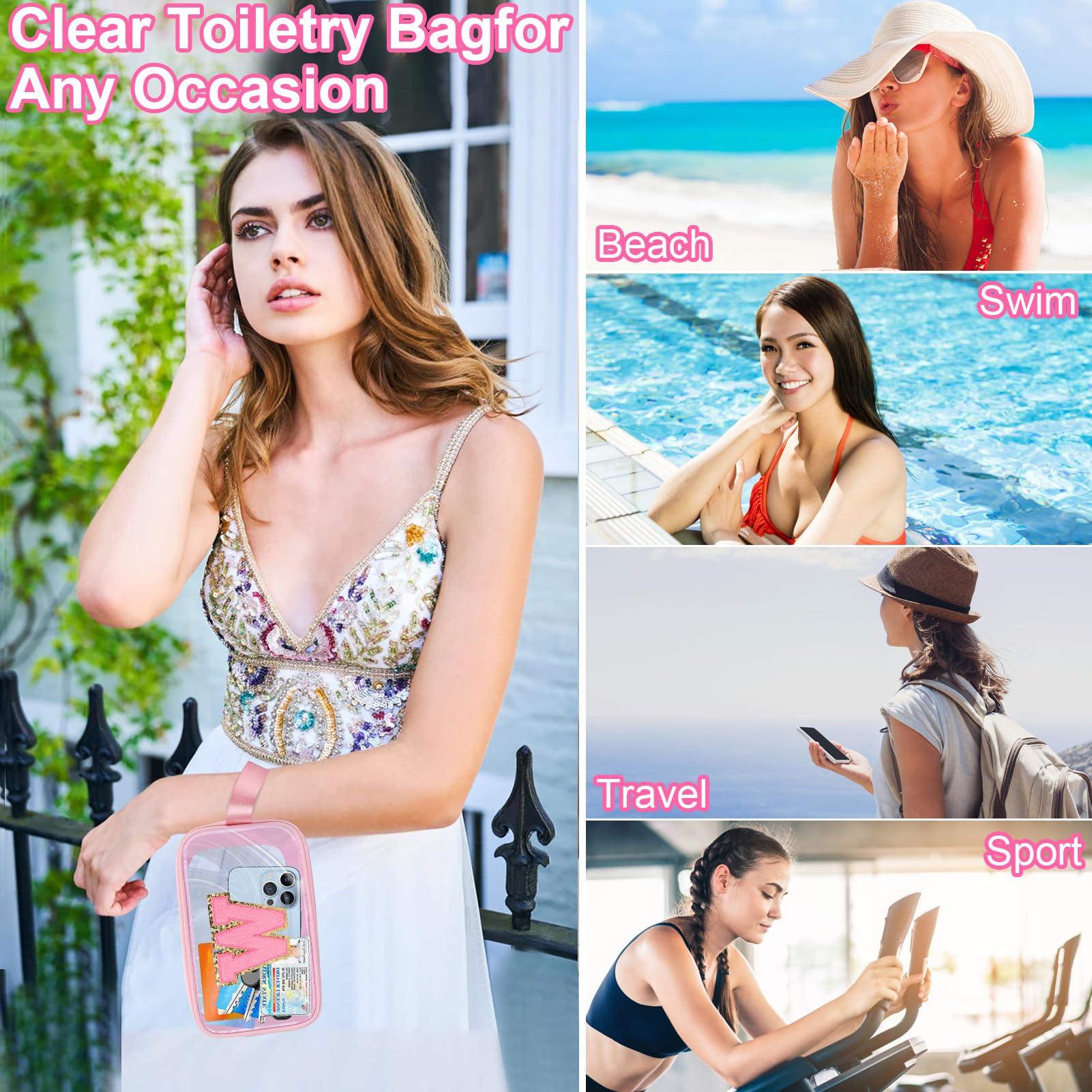 XANGNIER Clear Personalized Makeup Bag Initial Travel Toiletry Bag, 8.8''X2.7''X5.3''Size Pencil Pouch With Zipper and Handle Straps, Pink Gifts For Girlfriend Teacher Mom Brithday Mothers Day,S