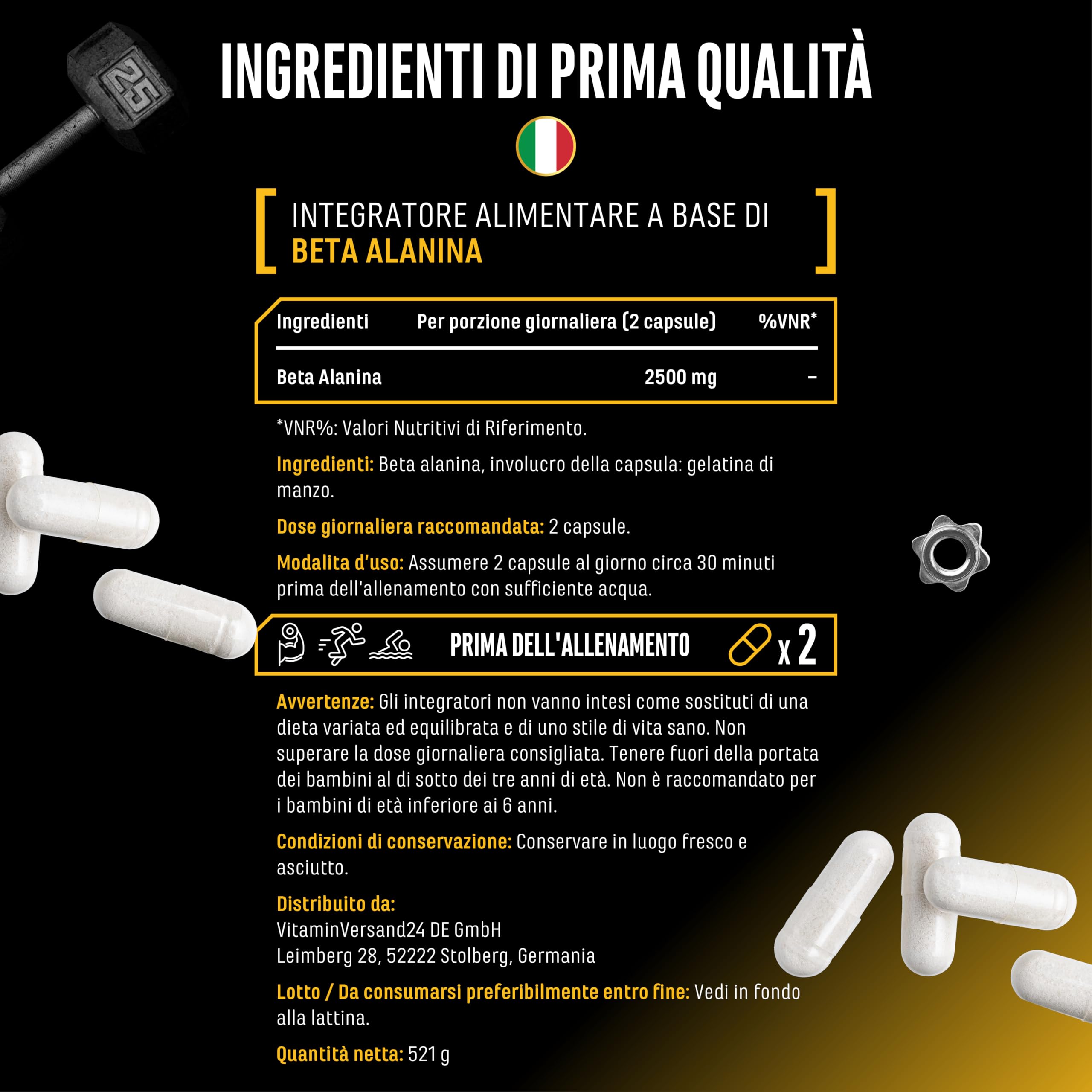 Beta Alanina Ultra Caps - 365 capsule - Dosaggio elevato con 1250 mg per capsula - Beta Alanina aminoacido con purezza del 99% - Senza additivi indesiderati