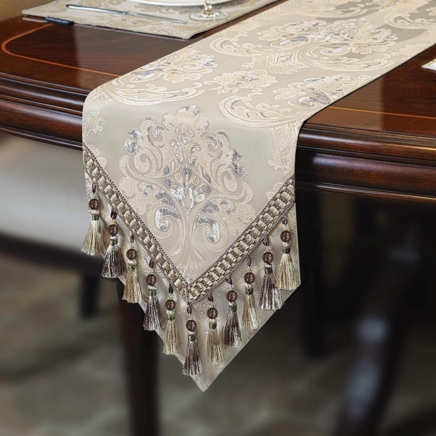 Loom and Mill Luxury Table Runner 108 Inches Long, Floral Jacquard Damask Dining Table Runner with Multi-Tassels for Dining Room Dresser Party Banquet Holiday Decorations(Light Apricot, 13*108 inch)