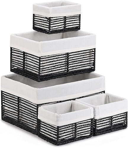 Vagusicc Cestas de almacenamiento de mimbre, cestas negras de cuerda de papel tejidas a mano para almacenamiento, cestas rectangulares de mimbre