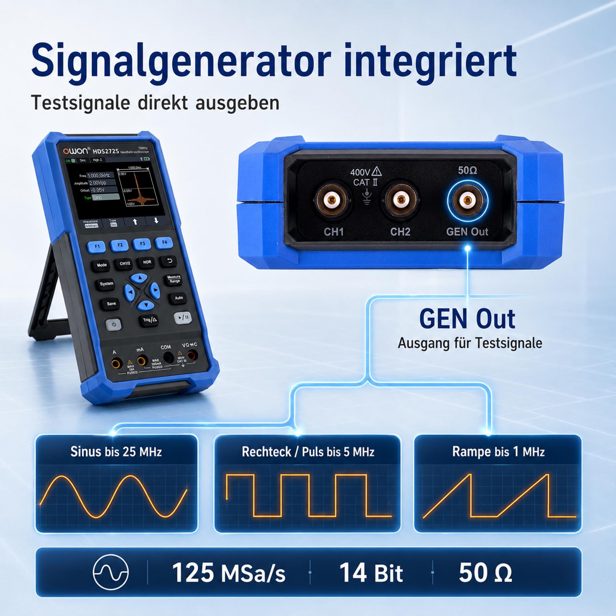 HDS272S 3 in 1 OWON Oszilloskop 70MHz mit 2+1 CH mit 3,5 Zoll LCD mit einstellbarer Helligkeit (Oszilloskop + Multimeter+ Generator)