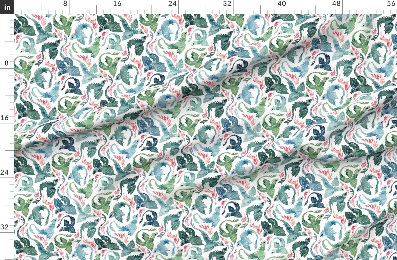 Spoonflower Fabric - Watercolor Dragon Mystical Fantasy Flying Dragons Sea Green Fire Printed on Organic Cotton Sateen Fabric by The Yard - Sewing Quilting Apparel Home Decor