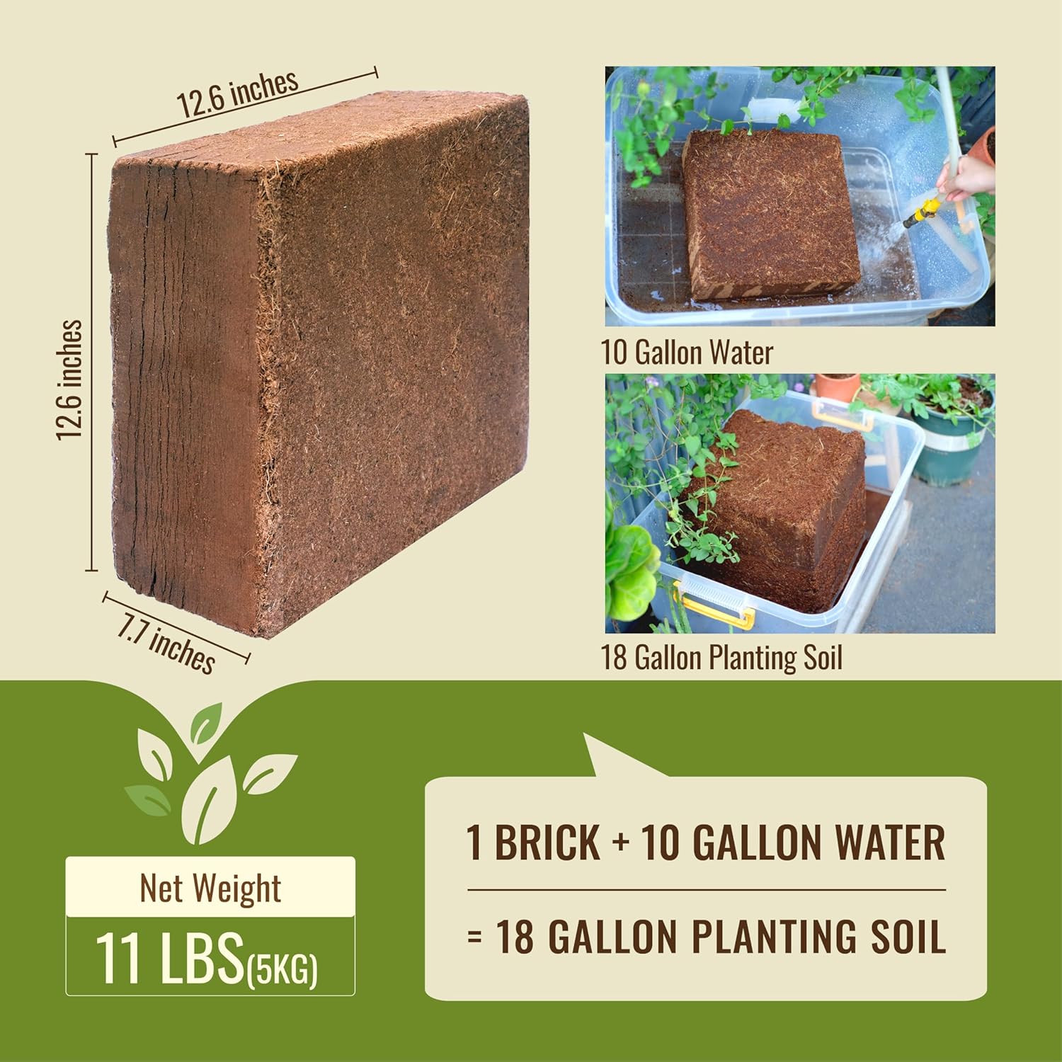 Garden story 11LBS Coco Coir Brick for Plants, Low EC & Balanced pH, Potting Mix, Coconut Fiber Substrate, Coco Coir in Bulk (18 Gallons Expansion)