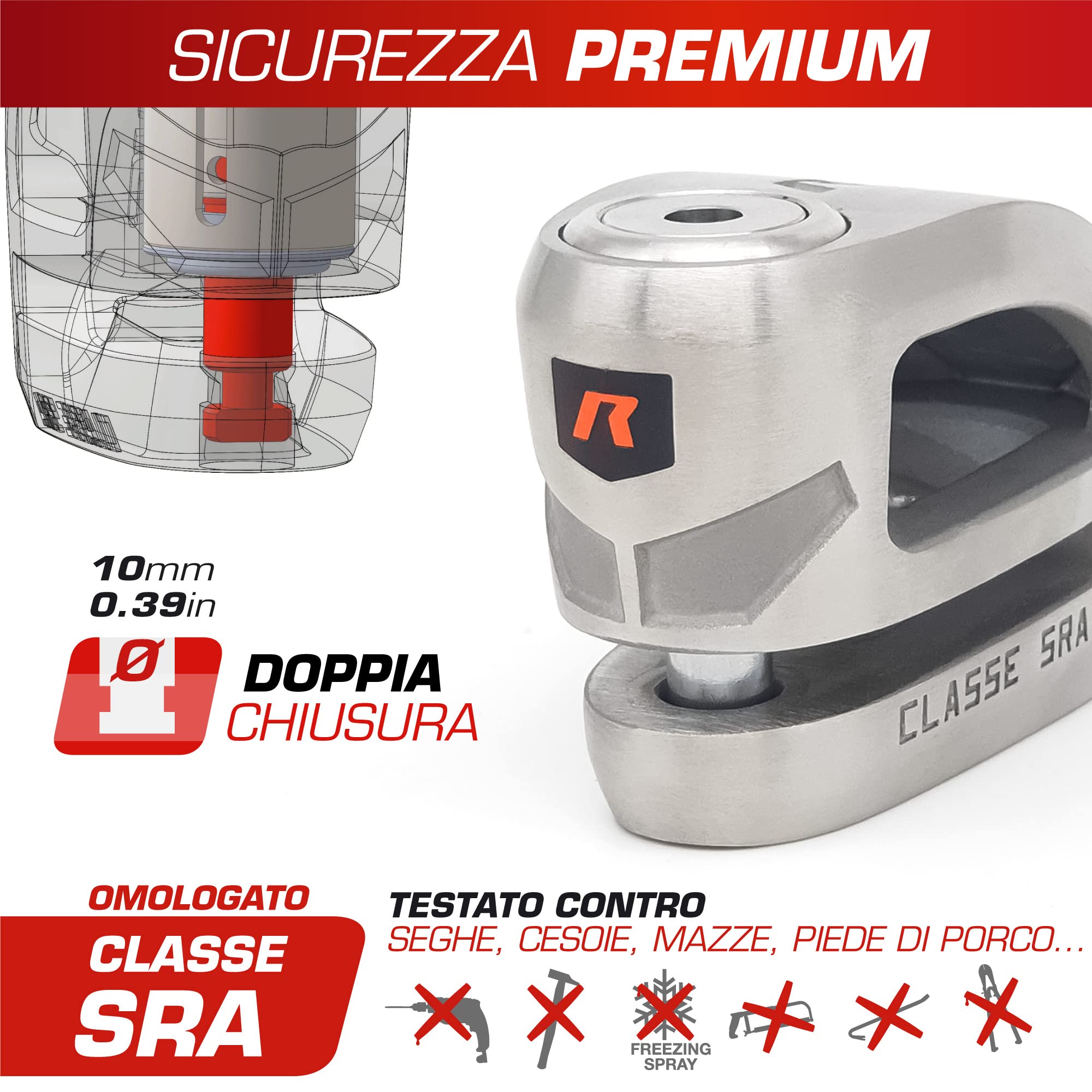 RADIKAL RK310S Blocca Disco per Moto, Sicurezza Premium, Antifurto Moto Omologato SRA, Doppio Bloccaggio Ø10, Acciaio Inossidabile, Esclusivo Design Doppio Ponte, Lucchetto Bloccadisco Scooter