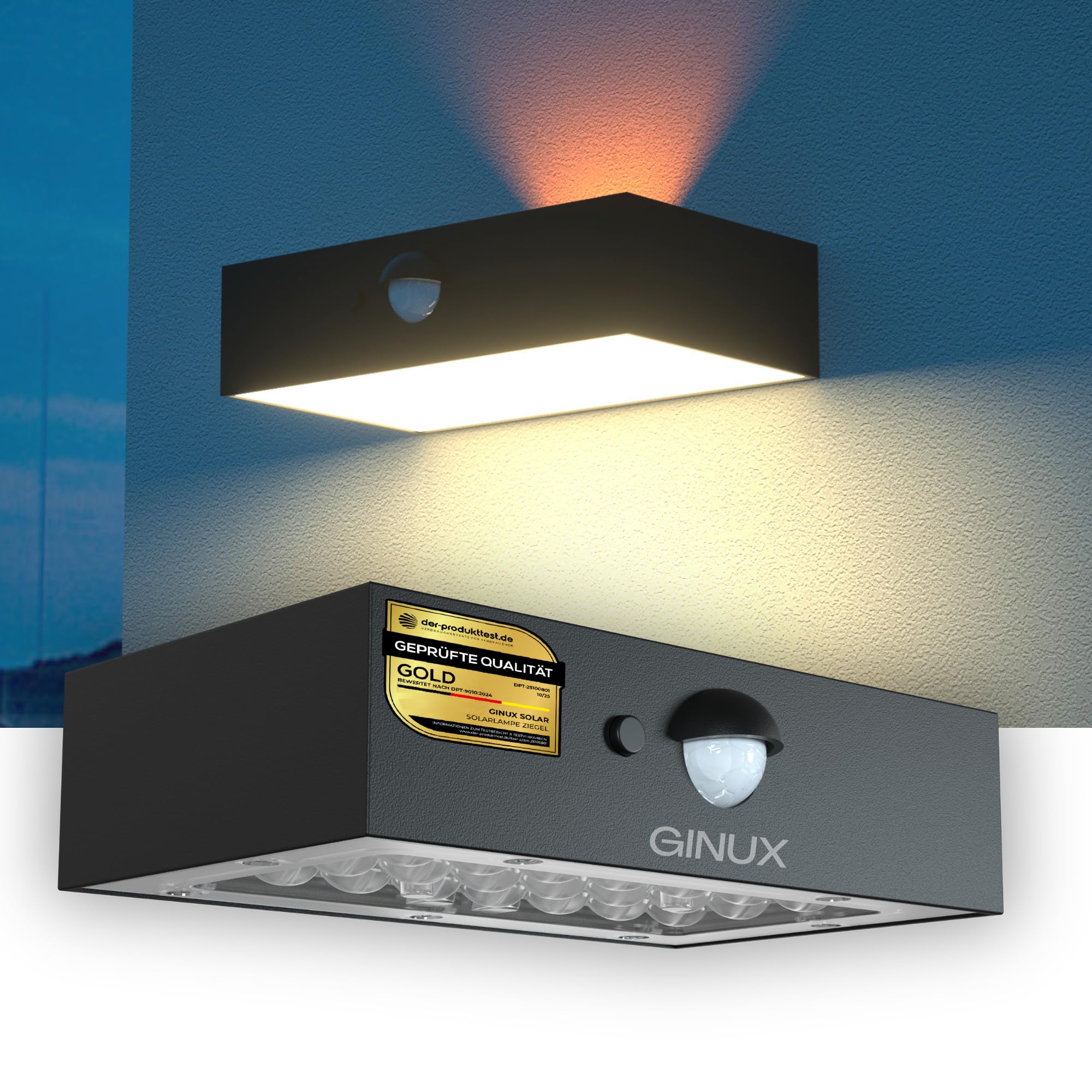 GINUX Solarlampe Außen mit Bewegungsmelder, 350 Lumen kleine Solar Wandleuchte für Garten, Zaun & Terrasse | IP65 Wetterfest, Solarstrahler mit Dämmerungssensor (30W Schwarz)