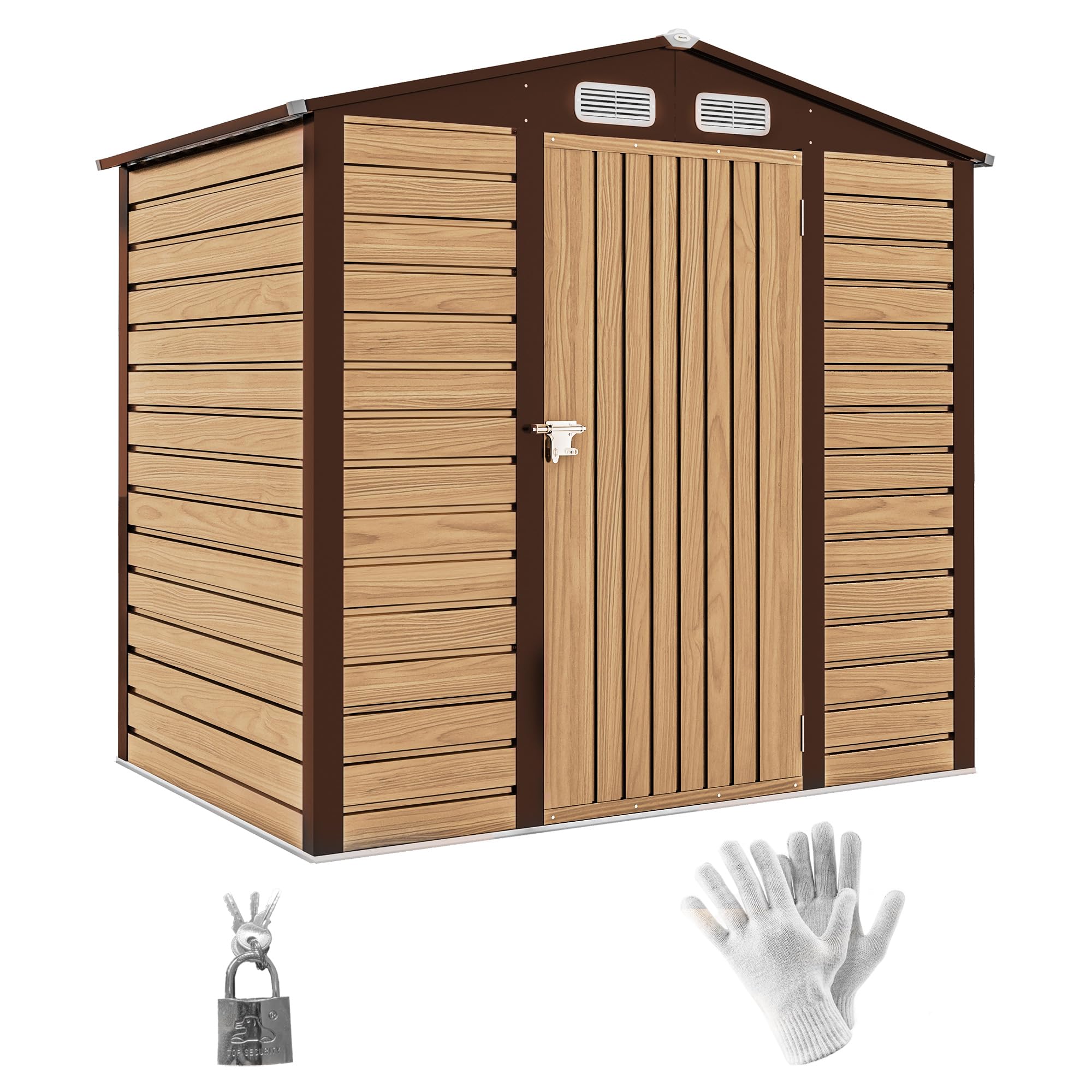 Outsunny Caseta de Jardín Exterior, 2,27 m² 190x131x188 cm, Cobertizo de Jardín Exterior Metálico con 2 Ventilaciones, Puerta con Cerradura, para Almacenamiento de Herramientas, Roble - 1
