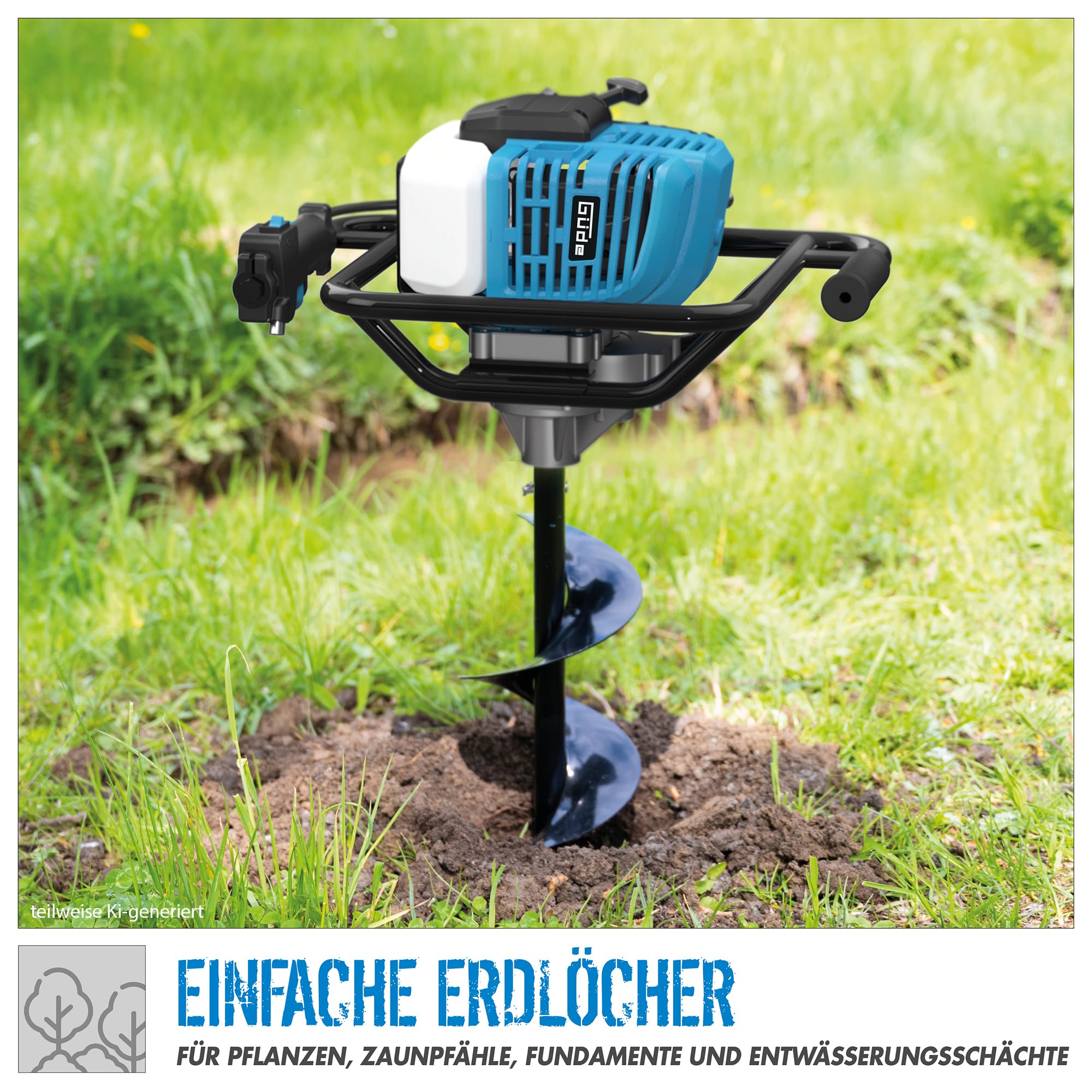 Güde GE 1450.1 Motor Erdbohrer - 2-Takt Motor, 52 Kubikzentimeter Hubraum, 1,45 Kilowatt, 2 PS, 78 Zentimeter Bohrerlänge, inklusive 3 Erdbohrer Aufsätze - 10, 15 und 20 Zentimeter Durchmesser
