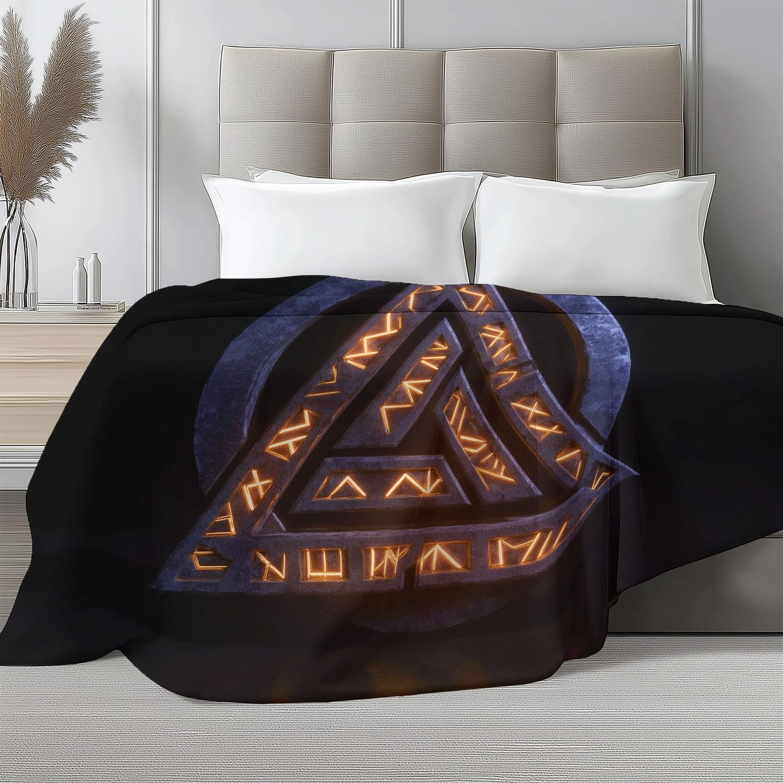 Ciepły flanelowy koc w stylu retro, runy wikingów, geometryczna, Sherpa, 221 x 239 cm, miękki, przytulny, czarny, pluszowy, flanelowy, polarowy, 220 x 240 cm, dla dziewcząt, dzieci, dorosłych, na