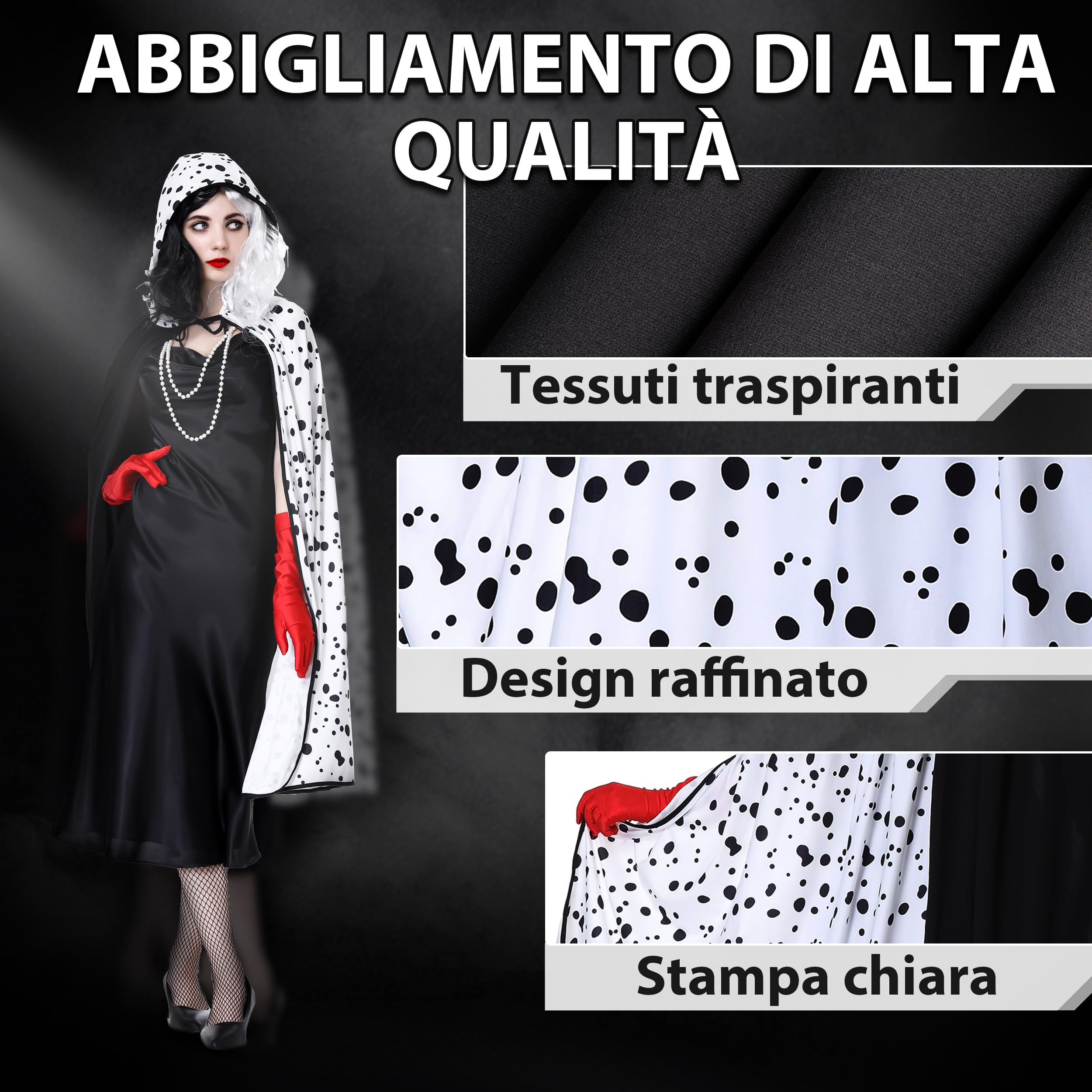 Charmofun Crudelia Demon Costume Donna, Costume Crudelia Donna, Mantello Parrucca Crudelia Demon, Costume Carnevale Femminile per Carnevale Cosplay Mascherata Halloween