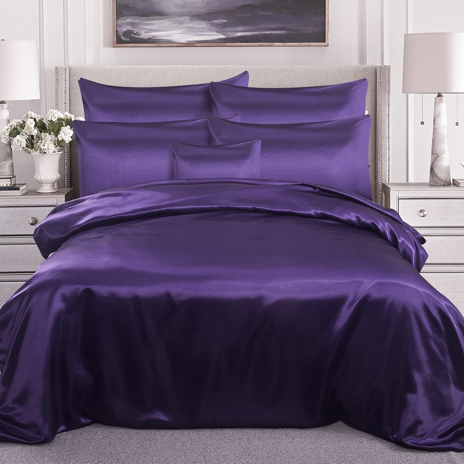 ROOEE Satin Silk Complete Bedding Set 6 PCS Fitted sheet, Duvet