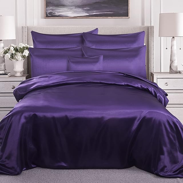 ROOEE Satin Silk Complete Bedding Set - 6 PCS - Fitted sheet, Duvet Cover, 4 Pillow Cases. Color - Aubergine Size - Super King