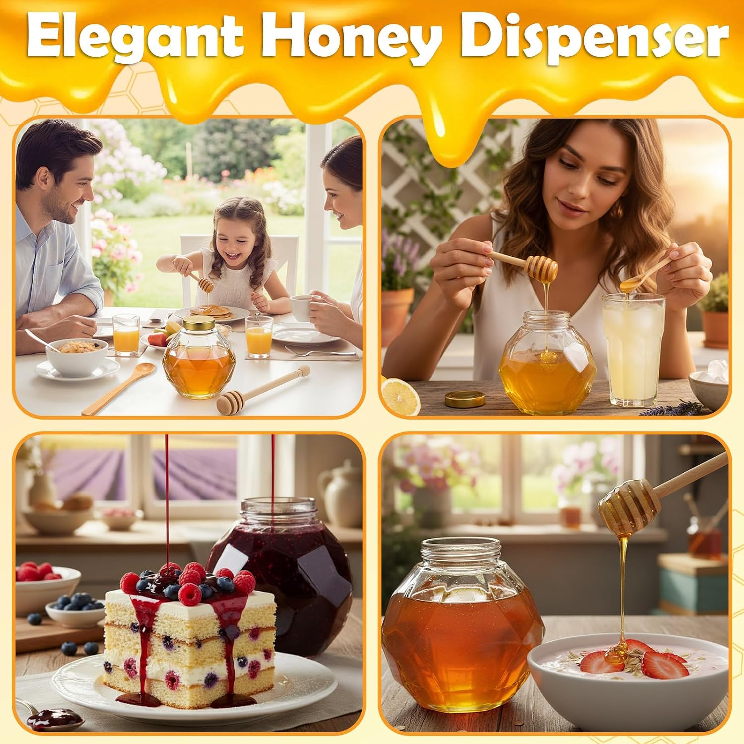 24 oz Honey Pot with Dipper Spoon and Metal Lid, Glass Honey Container Dispenser Mason Jar for Kitchen Syrup Storage, Take Home Gift and Bee Decorations