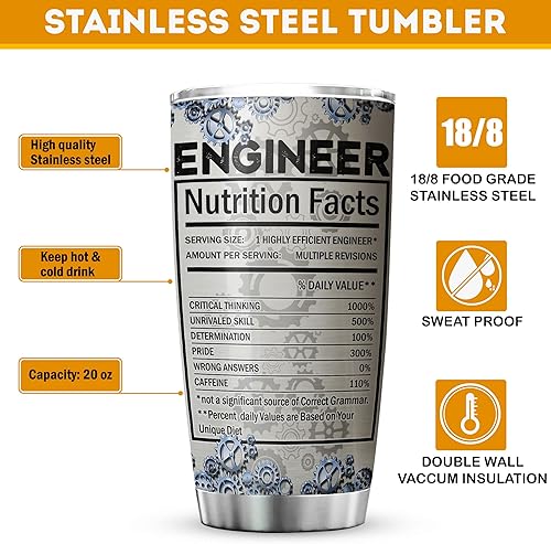 Miniatura 7 de Vaso de ingeniero para hombres, con datos nutricionales, con tapa, 20 onzas, regalos de ingeniería para estudiantes universitarios, tazas de acero