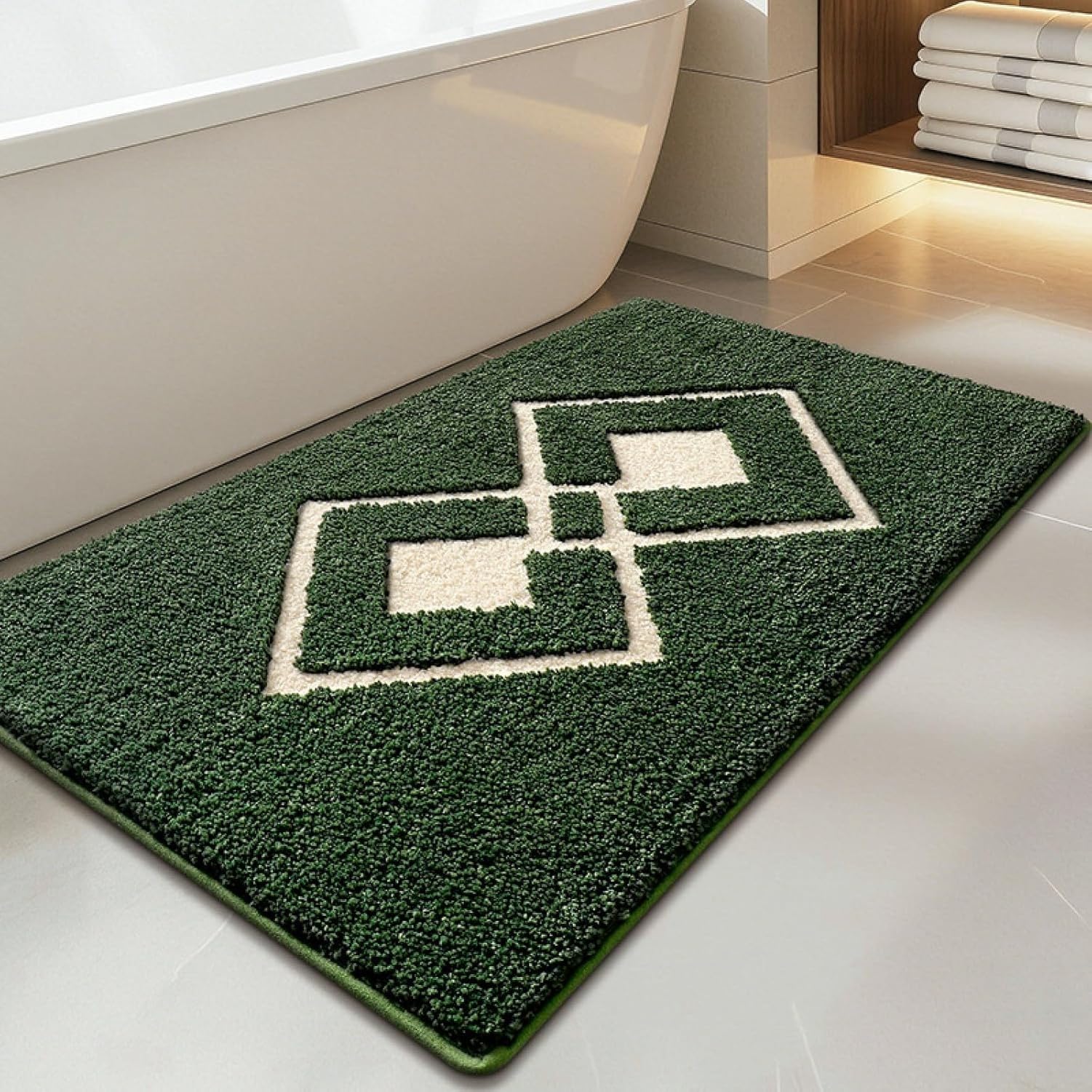 WOMGKDA Soft Flannel Bath Mat Non Slip 40x60cm Green White Super Absorbent Washable Non-Slip Bottom Bathroom Mat, 40×60cm, 40×60cm