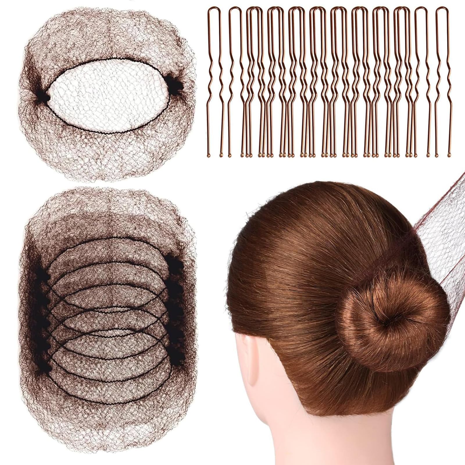 Confezione da 20 retine per chignon per balletto con 50 forcine per capelli a forma di U, retine elastiche invisibili, per chignon da danza e balletto, retine per capelli da danza per donne, ragazze,