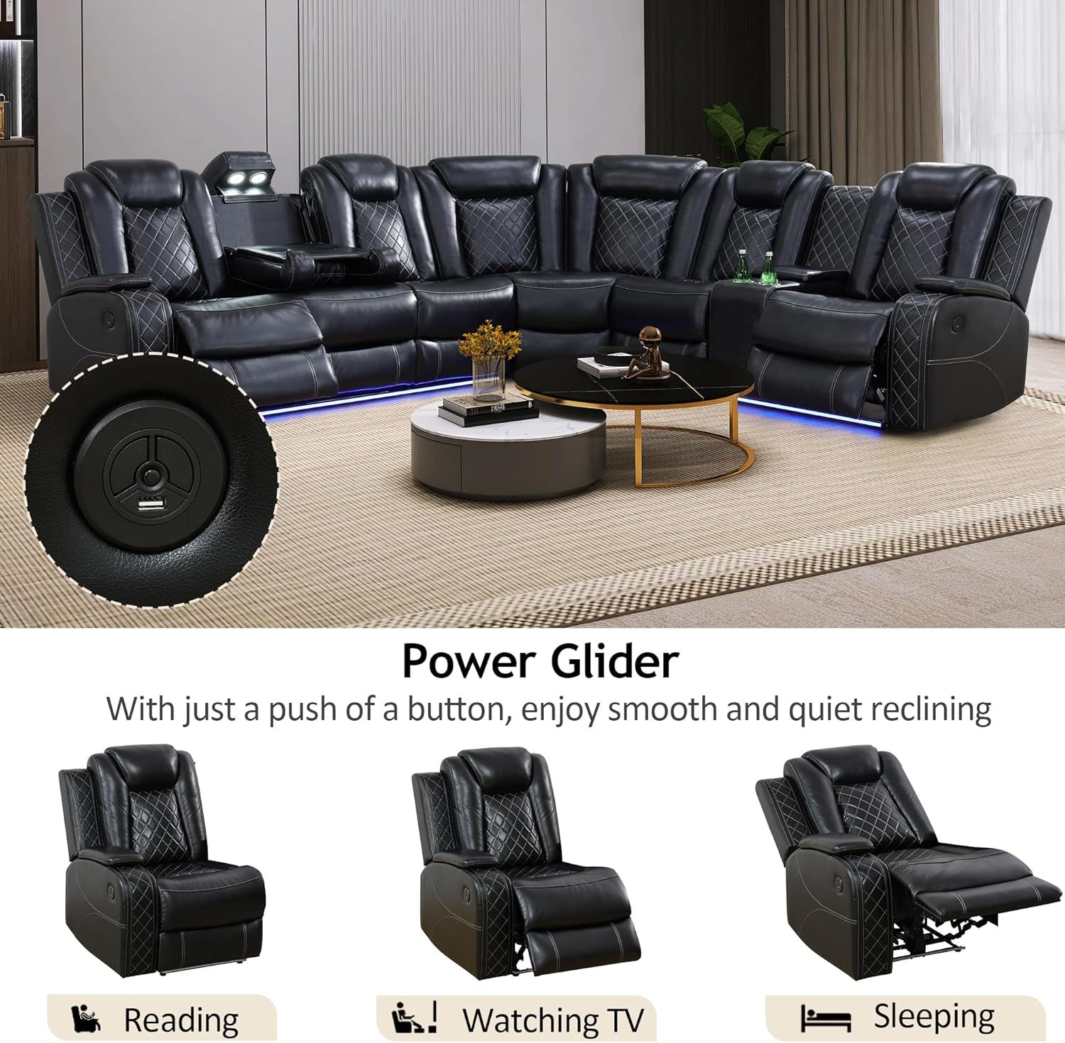 Reclining Sectional Couch for Living Room,Power Recliner Sofa with LED Light,Leather Sectional Couch with USB Port,Black Leather Couch for Living Room Sets Furniture,Home Theater Seating,RV(L Shape)