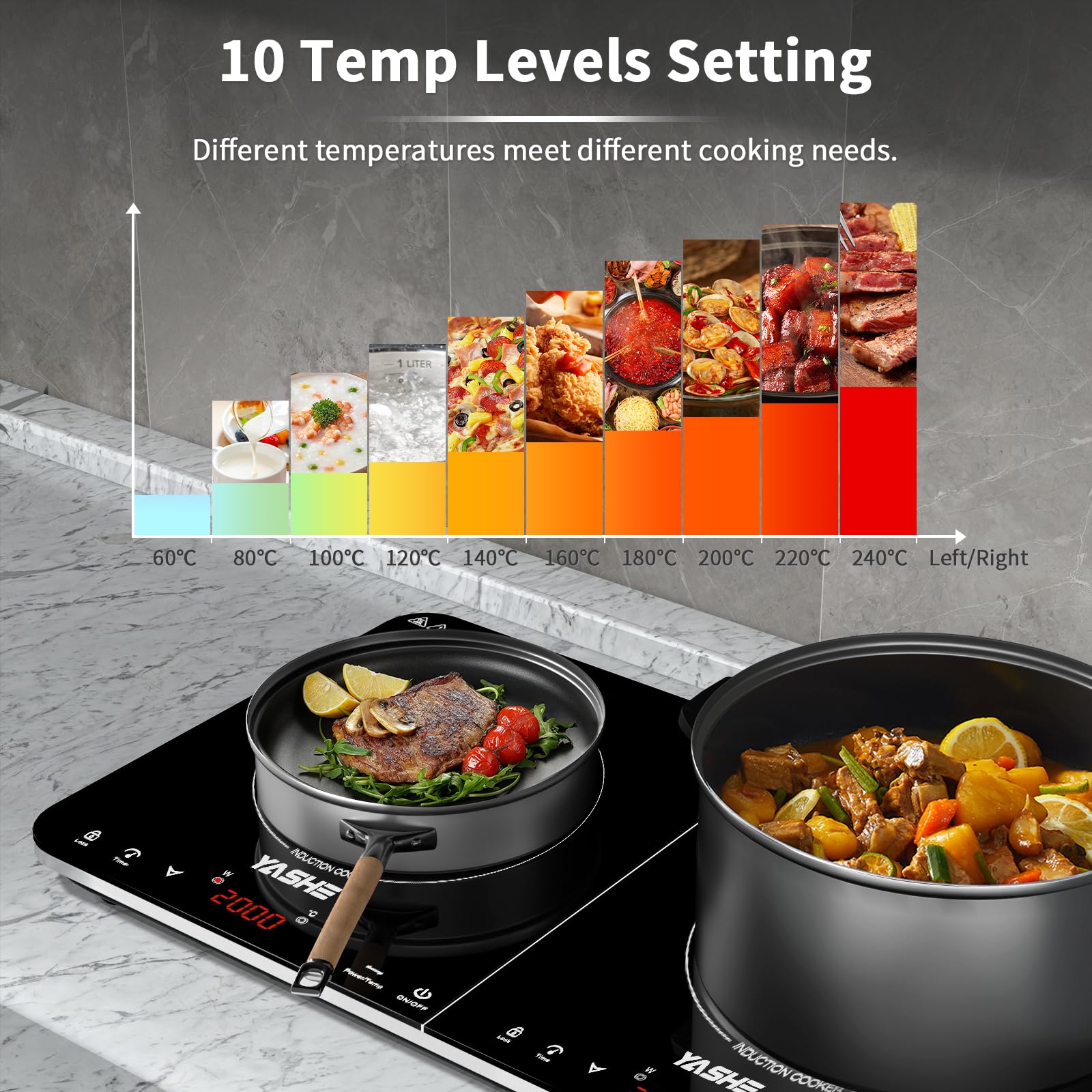 YASHE Induction Cooker - Portable Single Cooker Induction Cooker, 10 Power and Temperature Settings, 2000 Watt Induction 1 Plate, 4-Hour Timer, Child Safety Lot, Easy To Clean