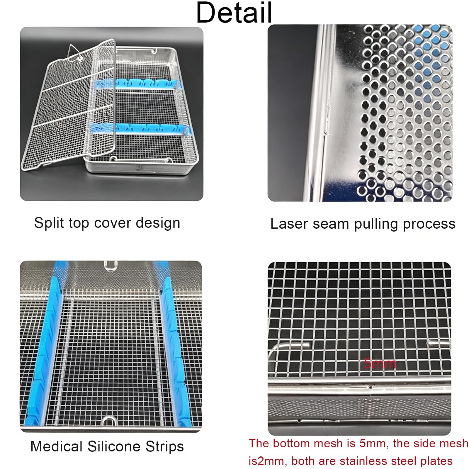 Bandeja de instrumentos de acero inoxidable 304, cesta de malla para cirugía y herramientas ortopédicas, caja de autoclave reutilizable con agujeros de 2 cm, duradera y fácil de limpiar