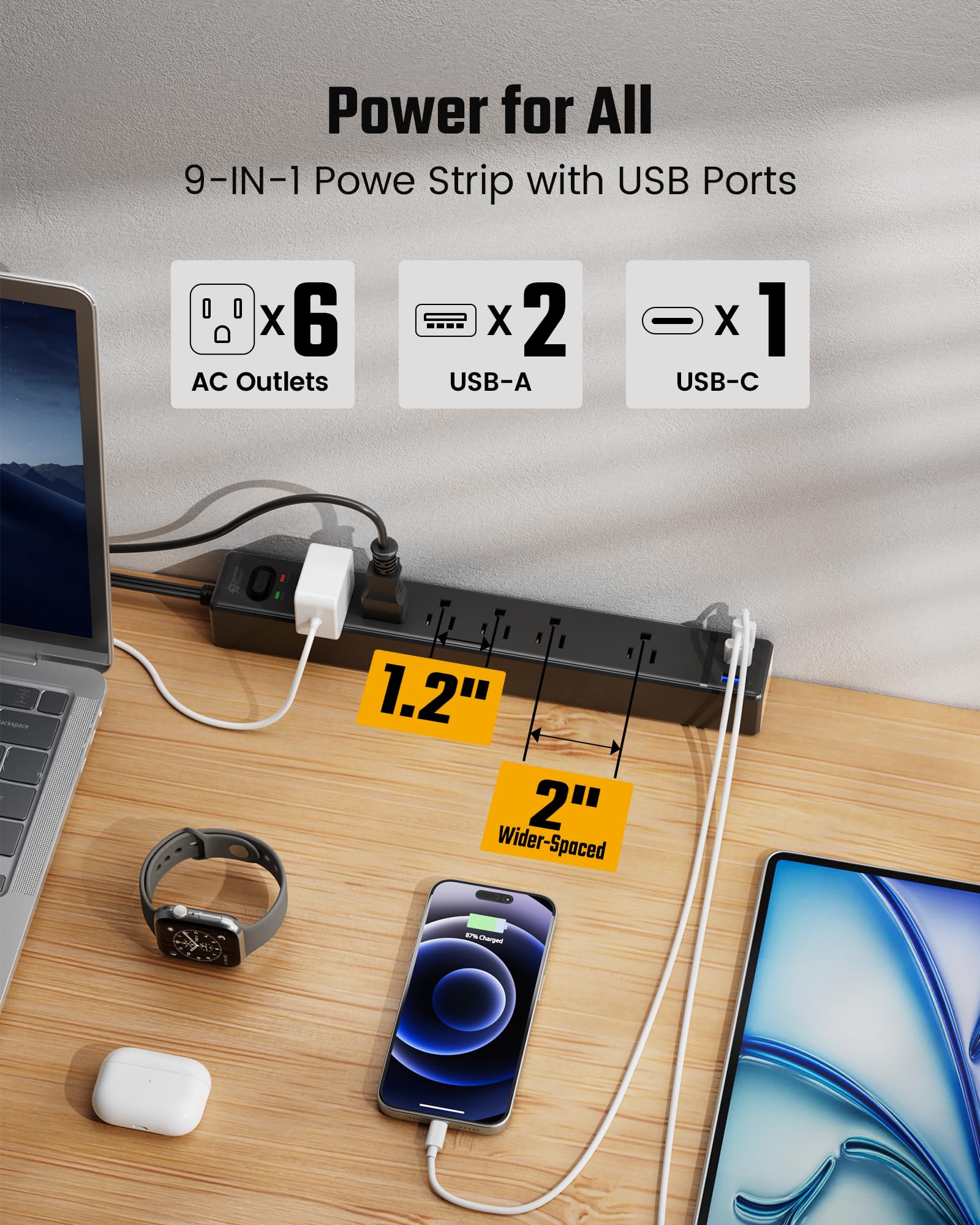 SUPERDANNY - Cable alargador de 3 m con múltiples tomas de corriente, enchufe plano, protección contra sobretensiones con 3 puertos USB y 6 enchufes, cable de 3 m, base de carga negra para