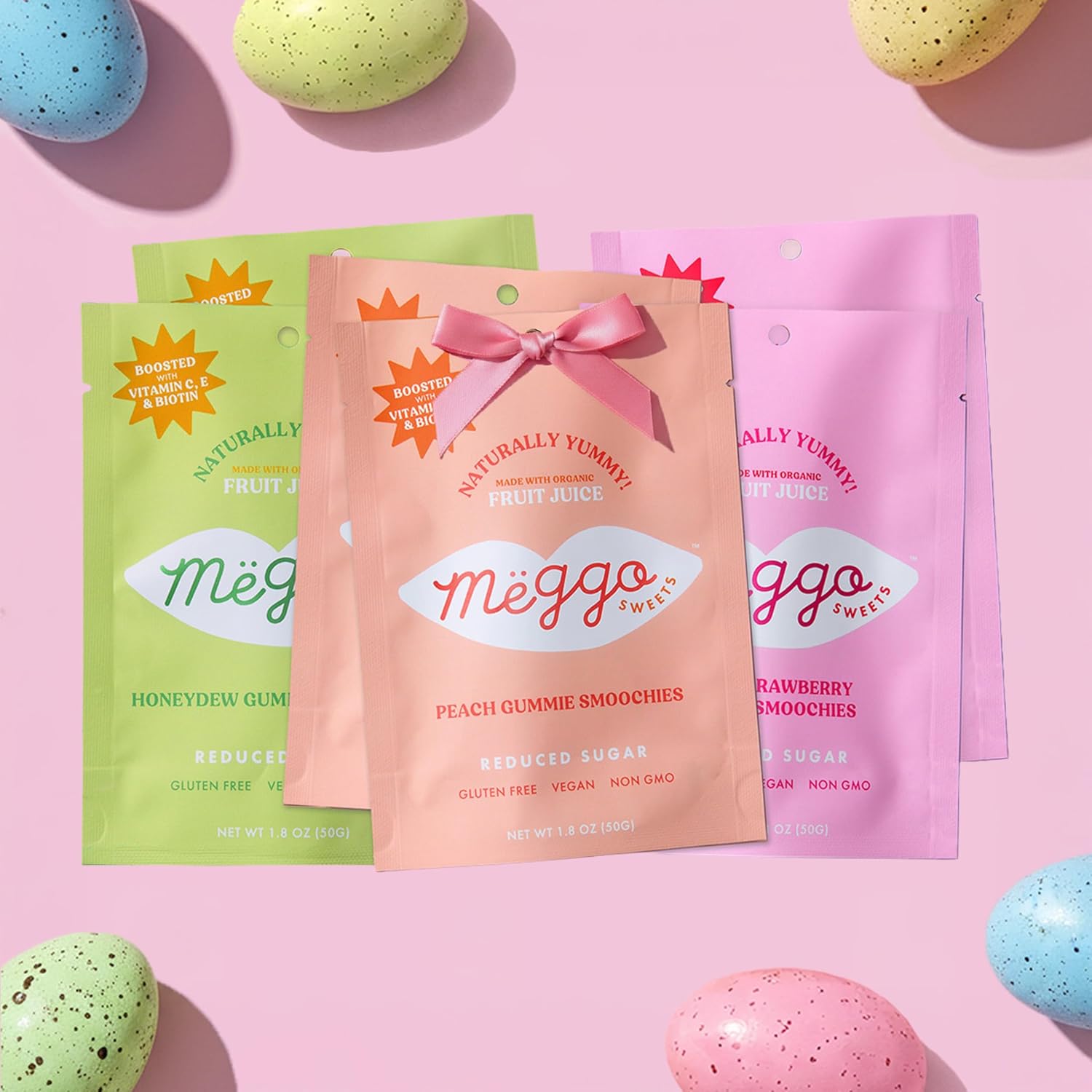 Meggo Sweets Reduced Sugar Gummy Candy Variety Pack (6 Bags) – Organic, Vegan, No Sugar Alcohols, No Artificial Sweeteners – Healthy Snack for Kids & Adults – Gluten Free, Naturally Colored – Peach, Honeydew, Sour Strawberry Flavor