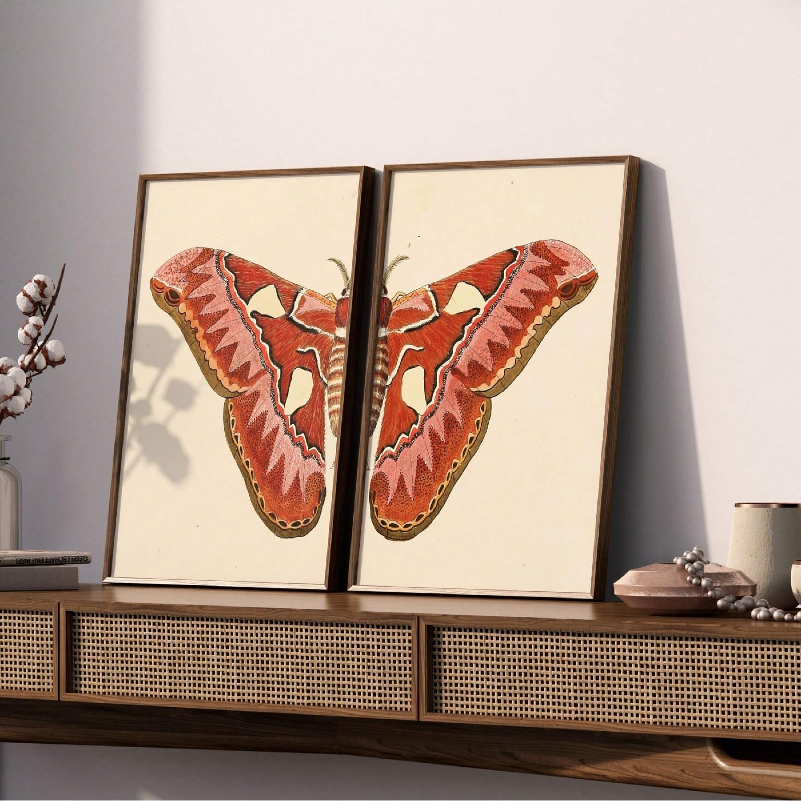ZBELLO Set of 2 Posters, 2D Flat, Vintage Butterfly Art Decor, Split Red Moth Prints, for Room, Home, Room Aesthetic, Room Decoration, Unframed (40x50cm)